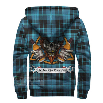 Clergy Tartan Sherpa Hoodie with Family Crest and Bearded Skull Holding Bottles of Whiskey