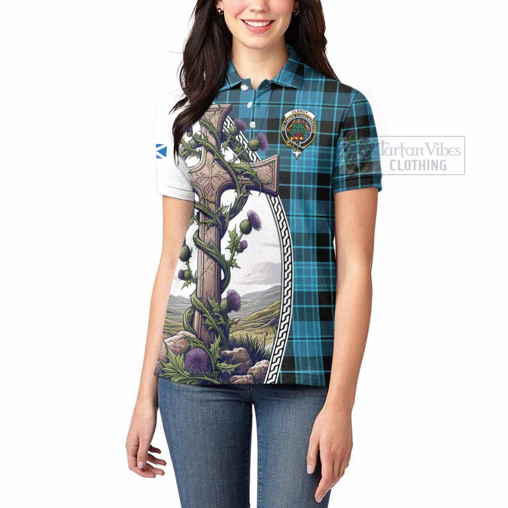 Tartan Vibes Clothing Clergy Tartan Women's Polo Shirt with Family Crest and St. Andrew's Cross Accented by Thistle Vines