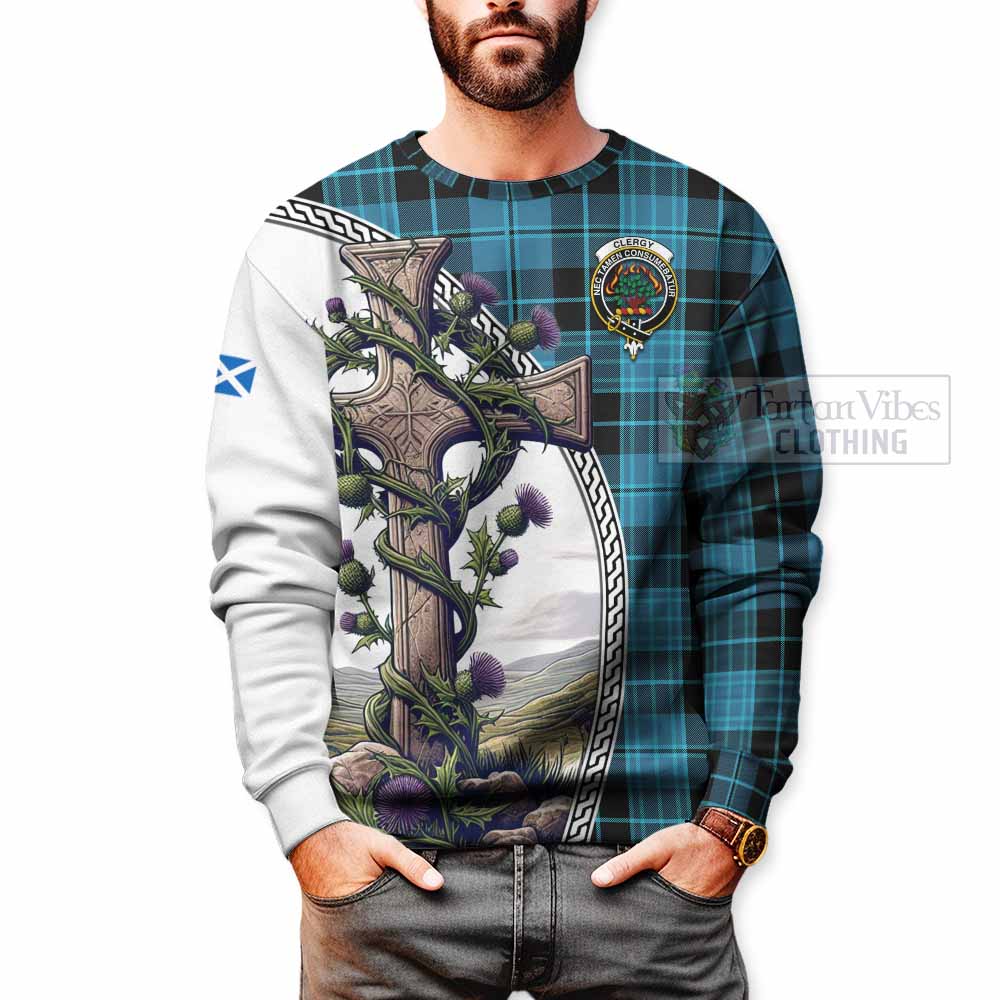 Tartan Vibes Clothing Clergy Tartan Sweatshirt with Family Crest and St. Andrew's Cross Accented by Thistle Vines