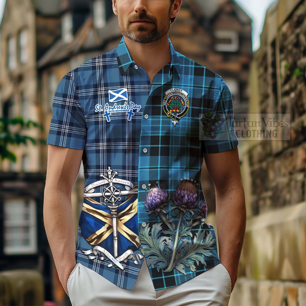 Tartan Vibes Clothing Clergy Tartan Short Sleeve Button Shirt Happy St. Andrew's Day Half Tartan Style