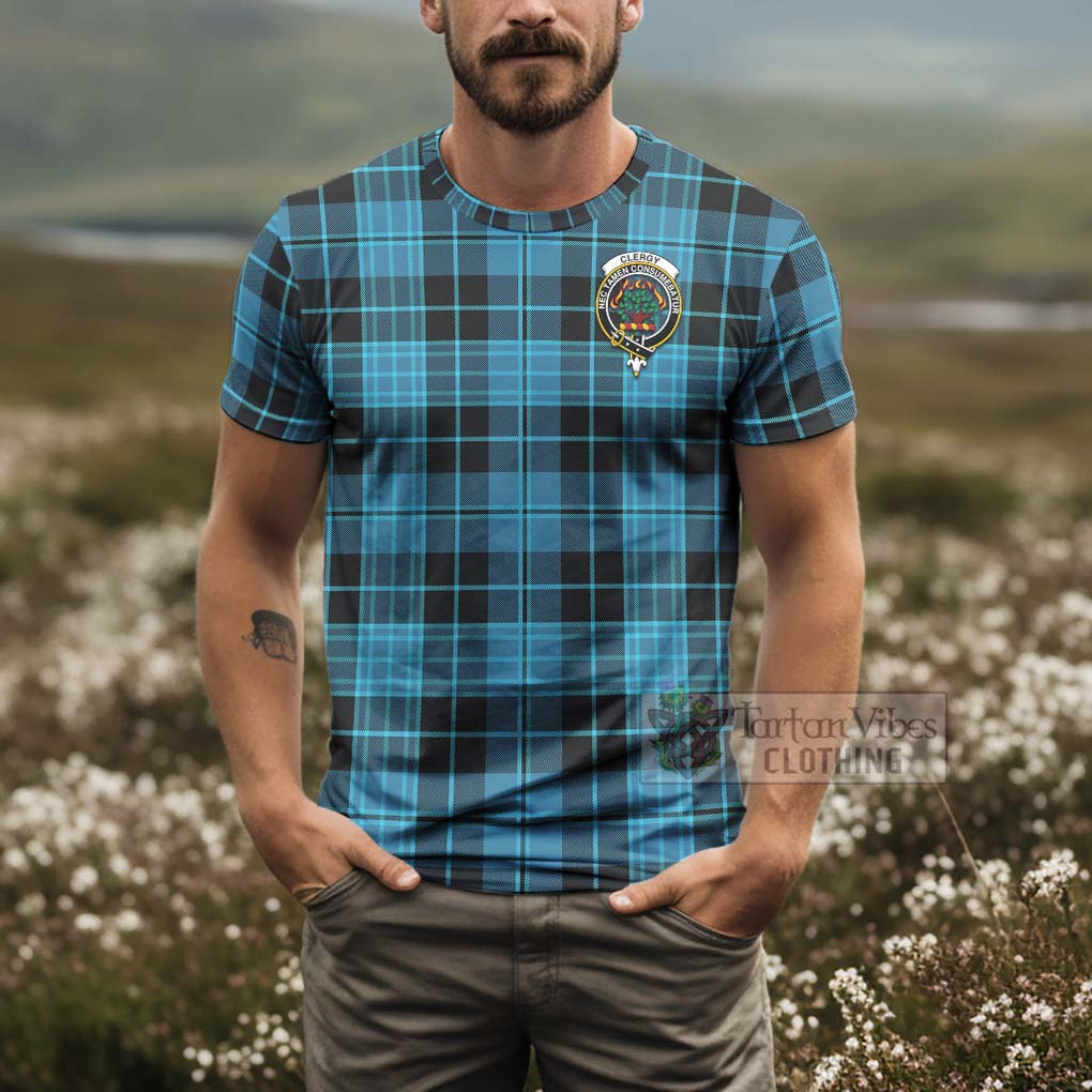 Tartan Vibes Clothing Clergy Tartan T-Shirt with Family Crest and Bearded Skull Holding Bottles of Whiskey