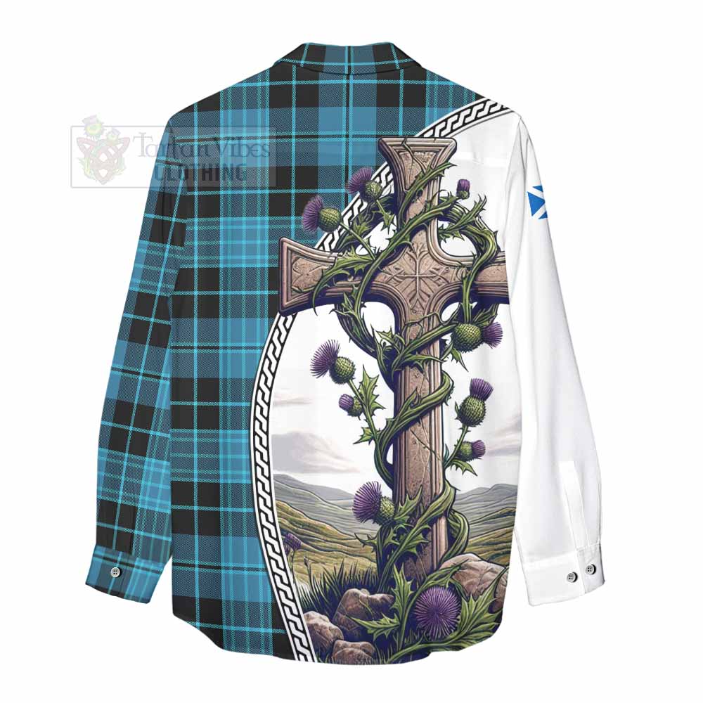 Tartan Vibes Clothing Clergy Tartan Women's Casual Shirt with Family Crest and St. Andrew's Cross Accented by Thistle Vines