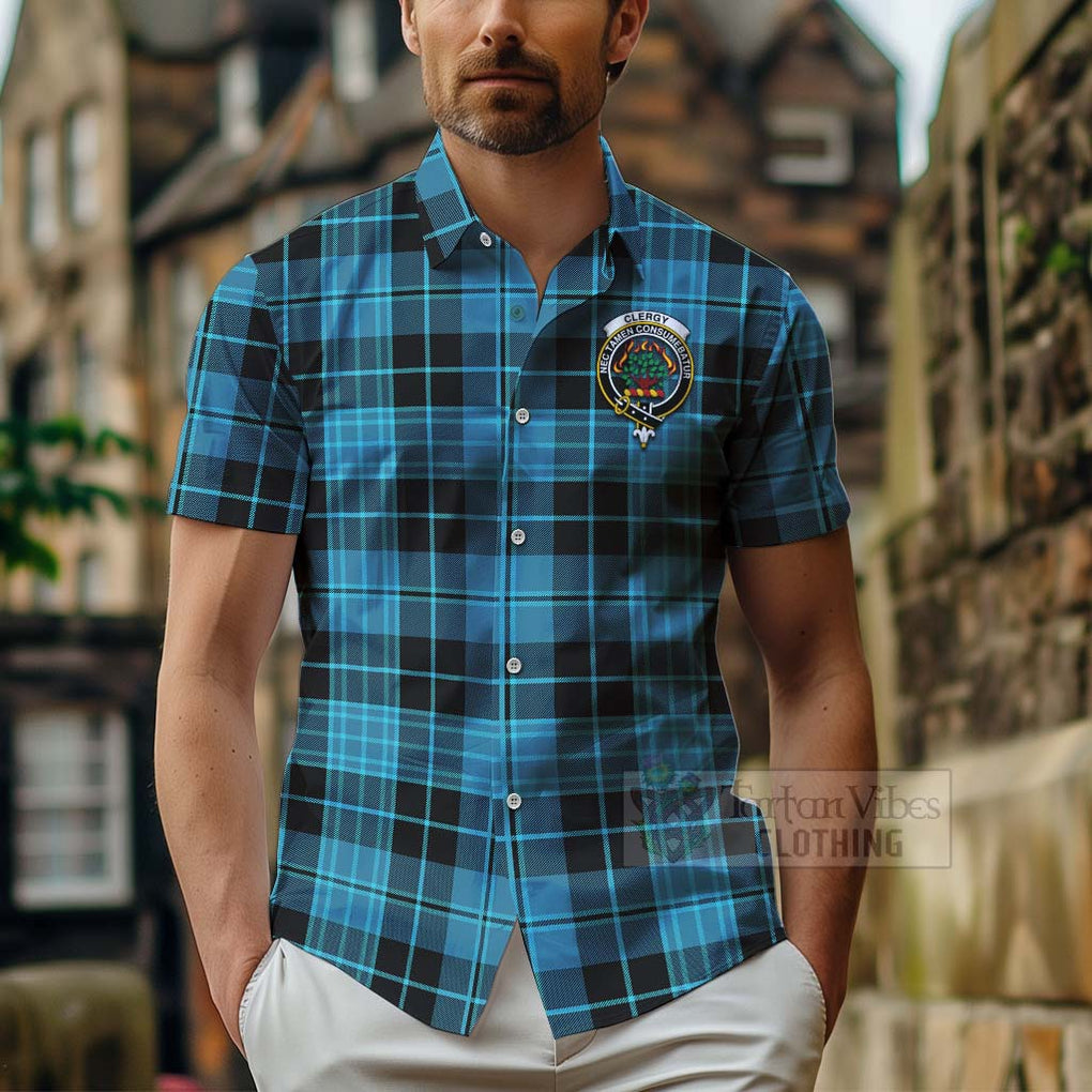 Tartan Vibes Clothing Clergy Tartan Short Sleeve Button Shirt with Family Crest Celtic Skull Style