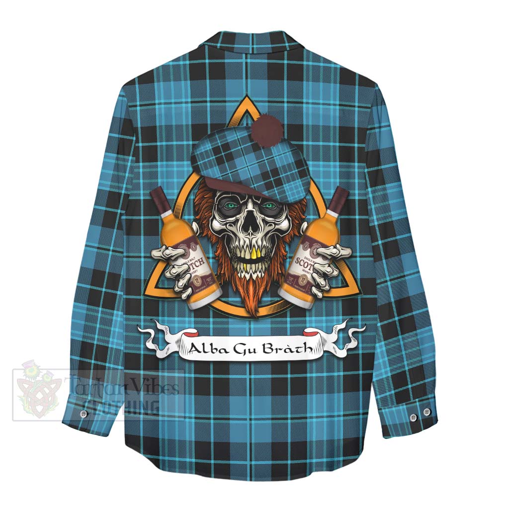 Tartan Vibes Clothing Clergy Tartan Women's Casual Shirt with Family Crest and Bearded Skull Holding Bottles of Whiskey