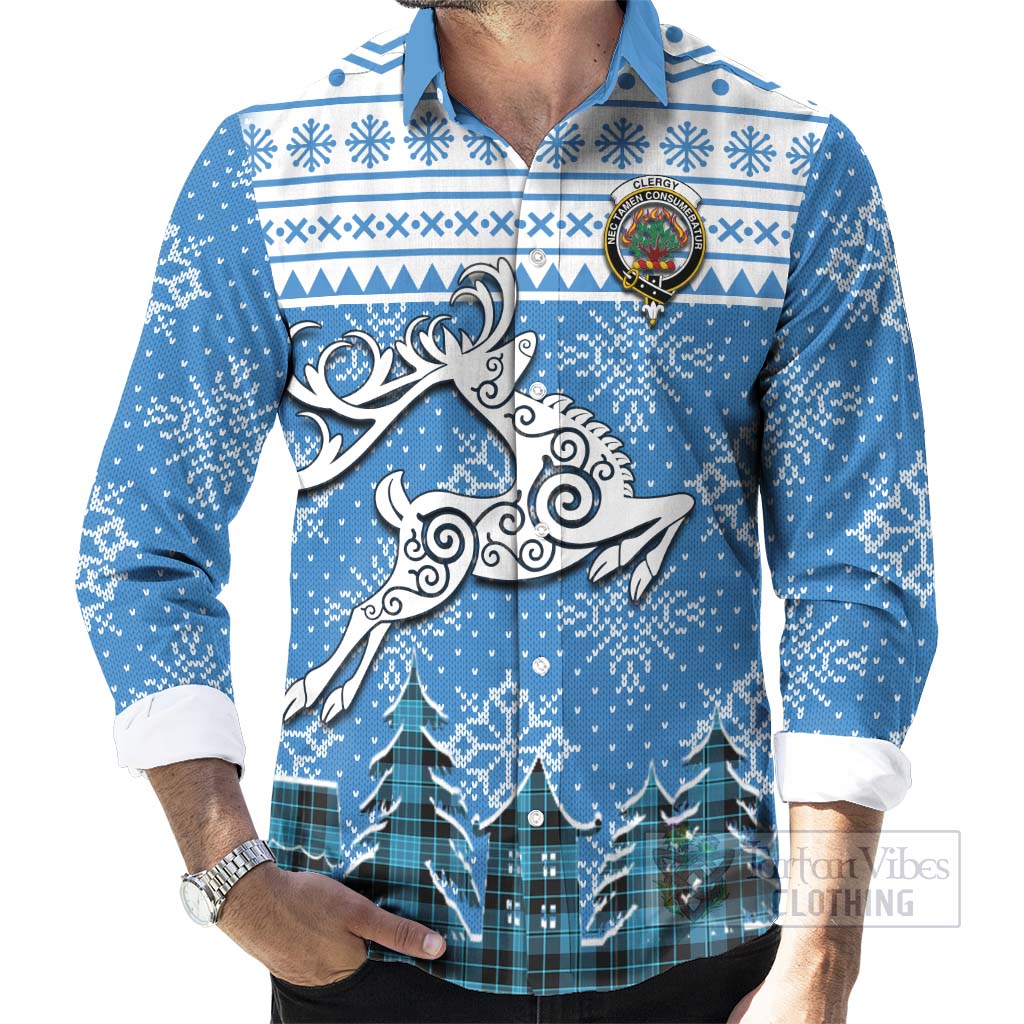 Tartan Vibes Clothing Clergy Clan Christmas Long Sleeve Button Shirt Celtic Reindeer Style