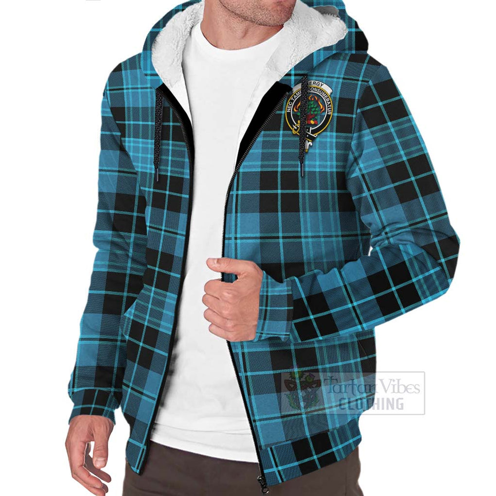 Tartan Vibes Clothing Clergy Tartan Sherpa Hoodie with Family Crest and Bearded Skull Holding Bottles of Whiskey