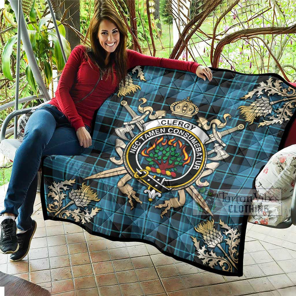 Tartan Vibes Clothing Clergy Tartan Quilt with Family Crest and Scottish Golden Courage Shield