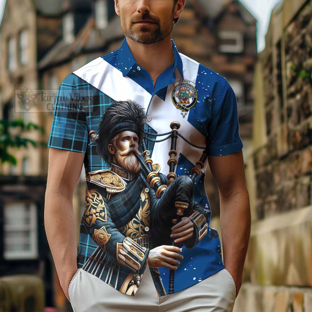 Tartan Vibes Clothing Clergy Tartan Short Sleeve Button Shirt with Family Crest Scottish Bagpiper Vibes