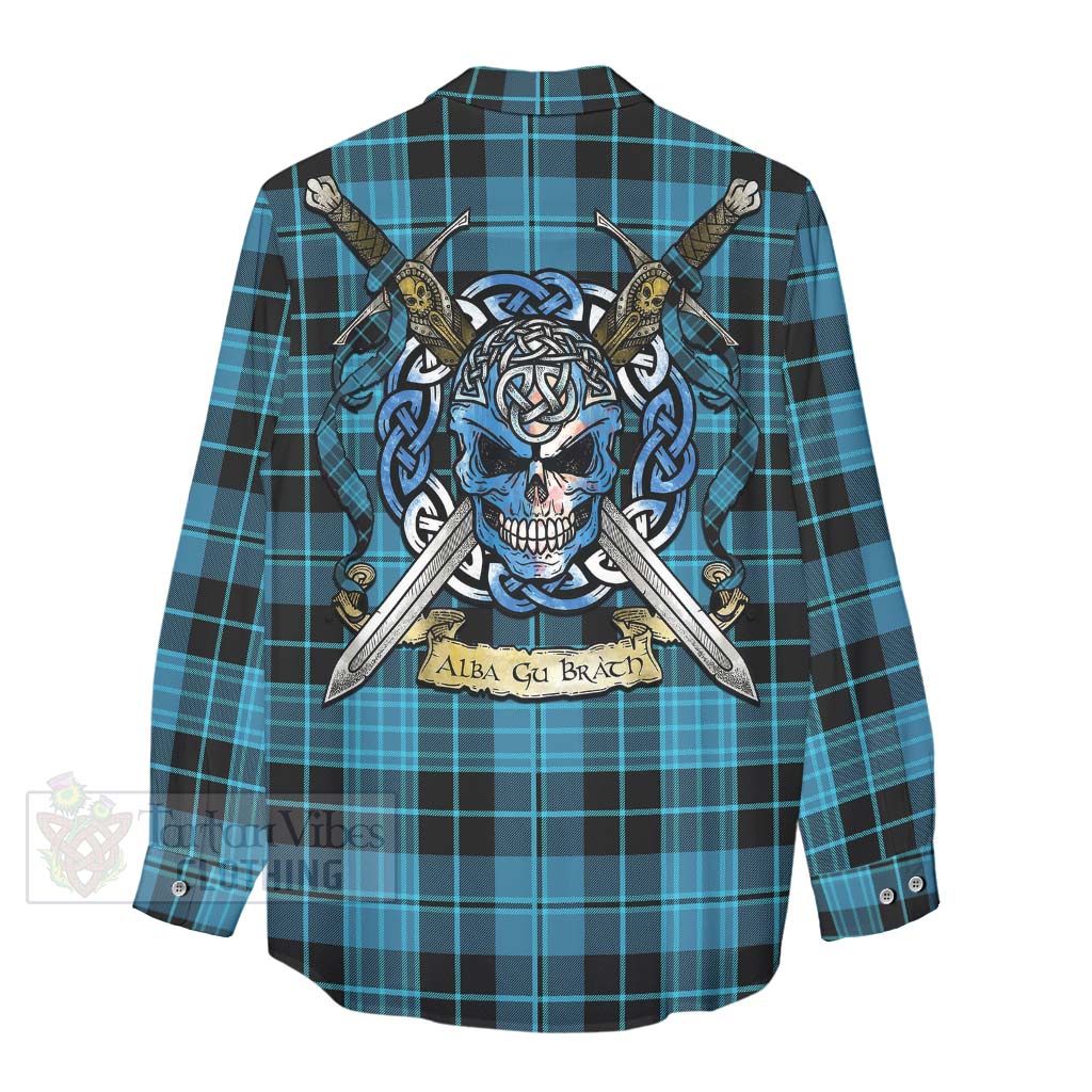 Tartan Vibes Clothing Clergy Tartan Women's Casual Shirt with Family Crest Celtic Skull Style