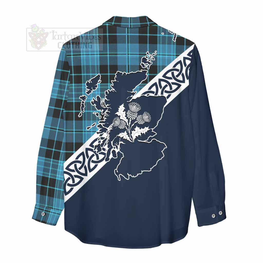 Tartan Vibes Clothing Clergy Tartan Women's Casual Shirt Featuring Thistle and Scotland Map