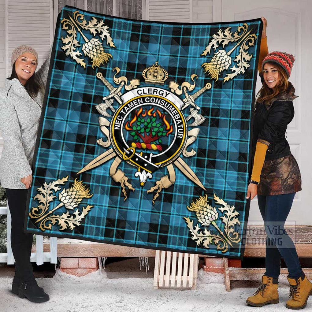 Tartan Vibes Clothing Clergy Tartan Quilt with Family Crest and Scottish Golden Courage Shield