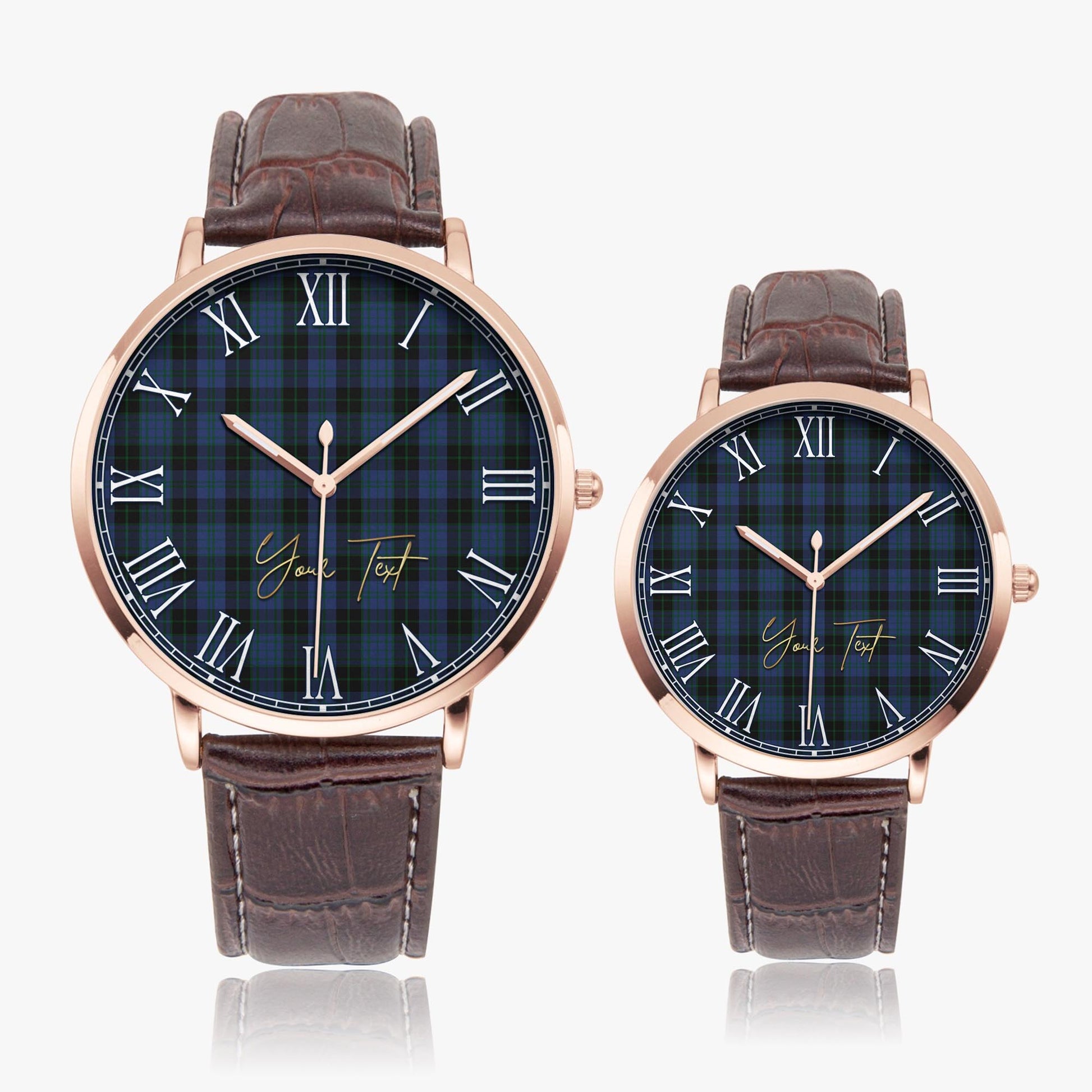 Clergy Blue Tartan Personalized Your Text Leather Trap Quartz Watch Ultra Thin Rose Gold Case With Brown Leather Strap - Tartanvibesclothing