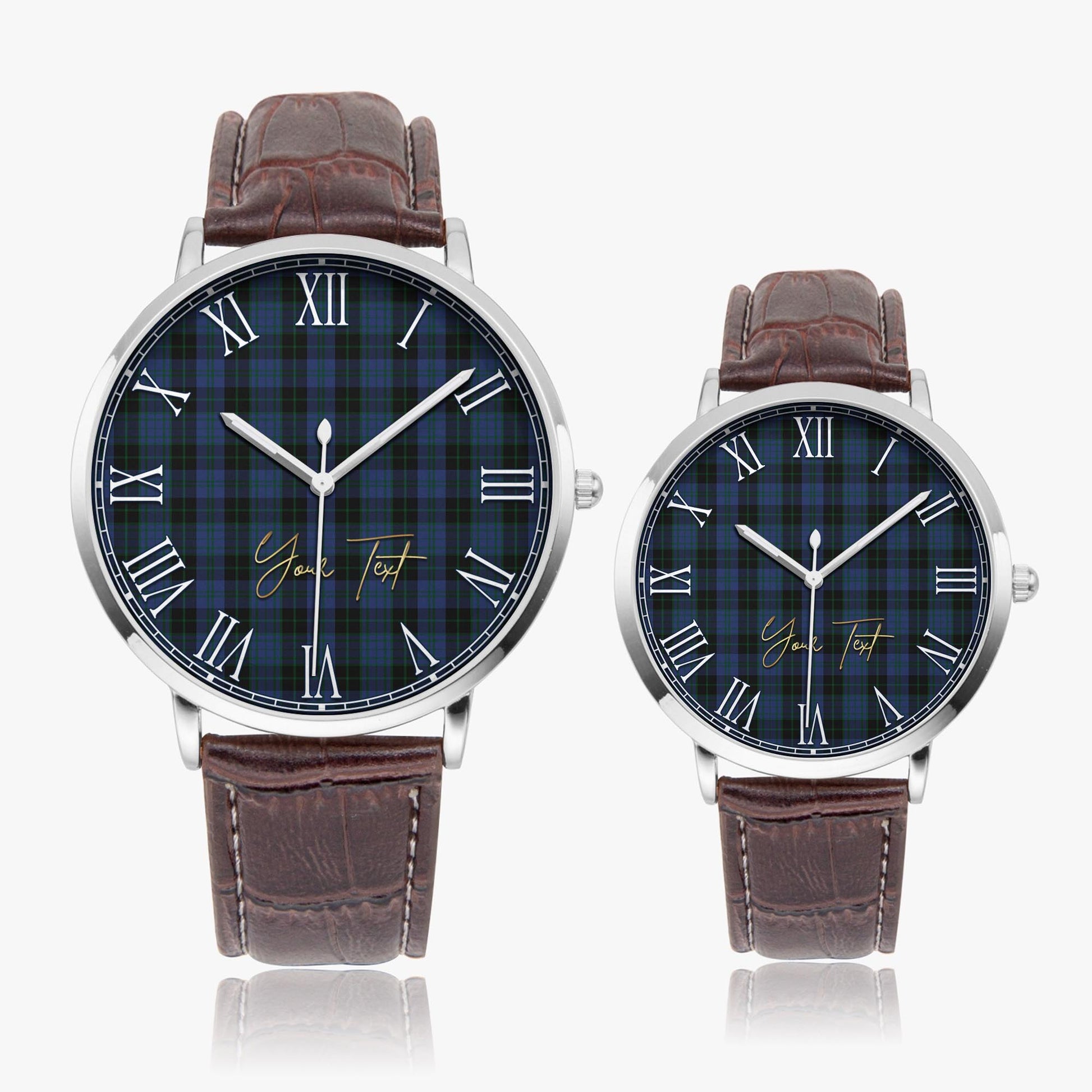 Clergy Blue Tartan Personalized Your Text Leather Trap Quartz Watch Ultra Thin Silver Case With Brown Leather Strap - Tartanvibesclothing