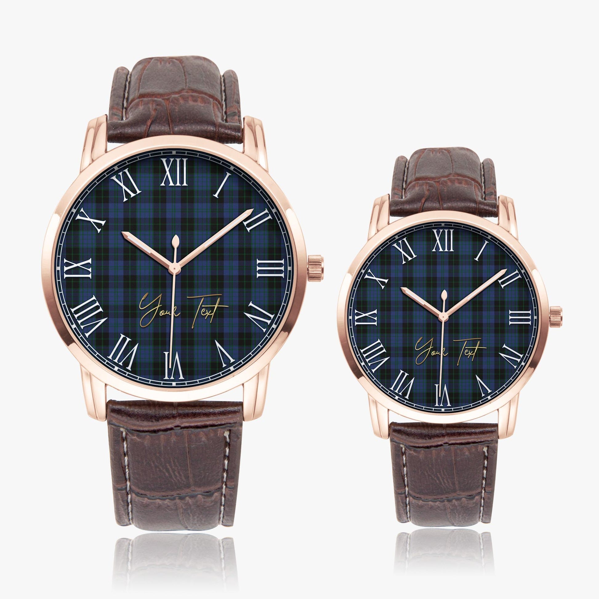 Clergy Blue Tartan Personalized Your Text Leather Trap Quartz Watch Wide Type Rose Gold Case With Brown Leather Strap - Tartanvibesclothing