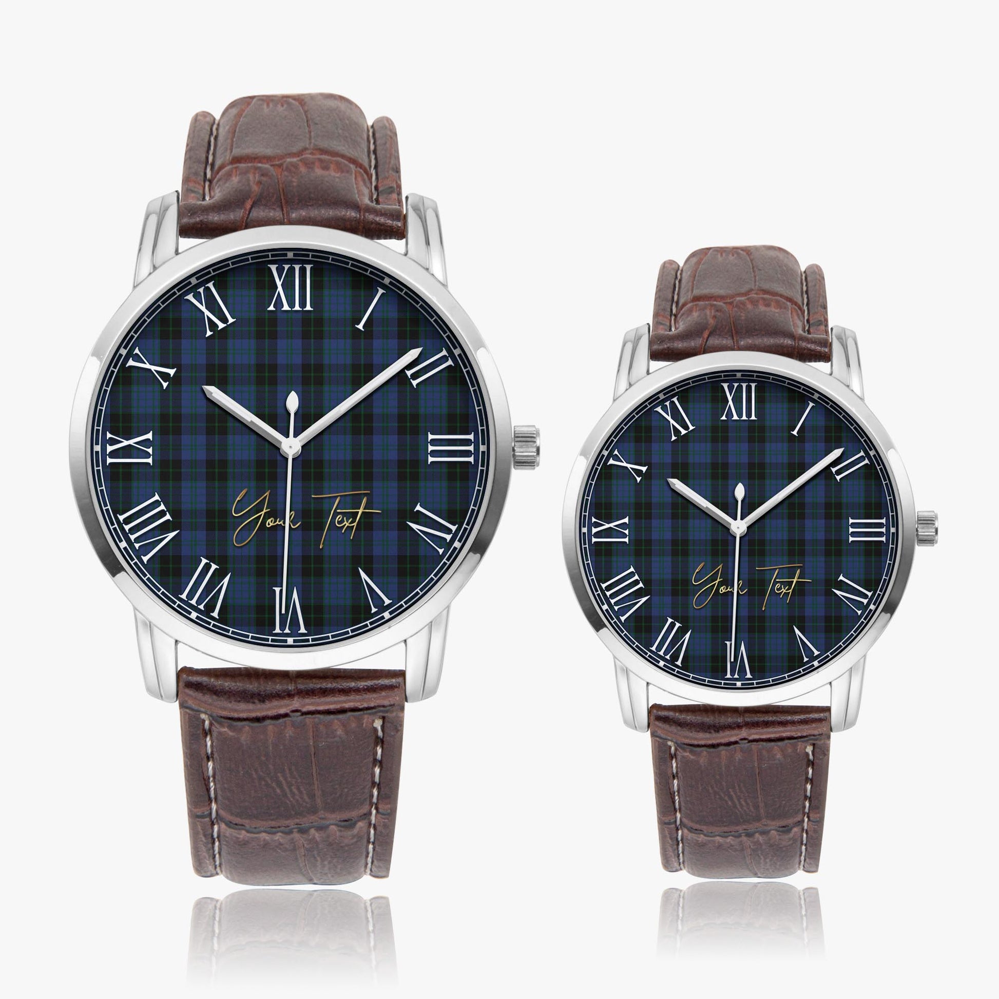 Clergy Blue Tartan Personalized Your Text Leather Trap Quartz Watch Wide Type Silver Case With Brown Leather Strap - Tartanvibesclothing