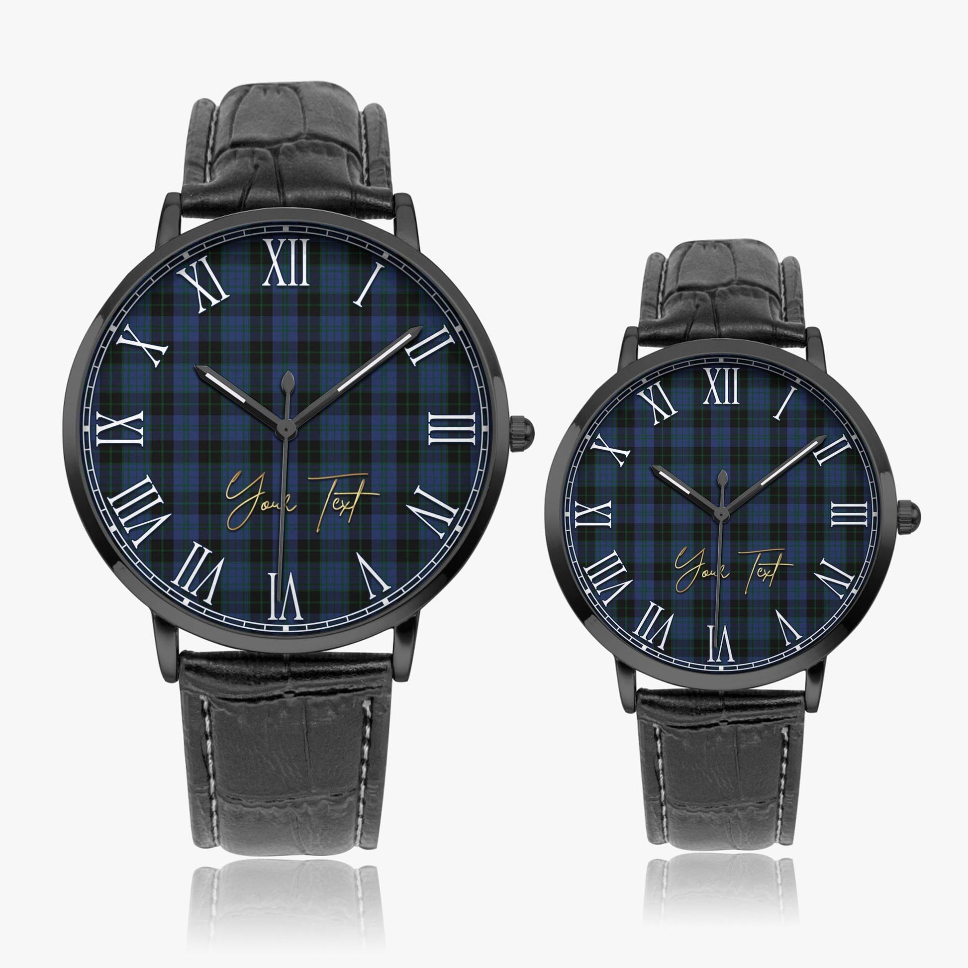 Clergy Blue Tartan Personalized Your Text Leather Trap Quartz Watch Ultra Thin Black Case With Black Leather Strap - Tartanvibesclothing