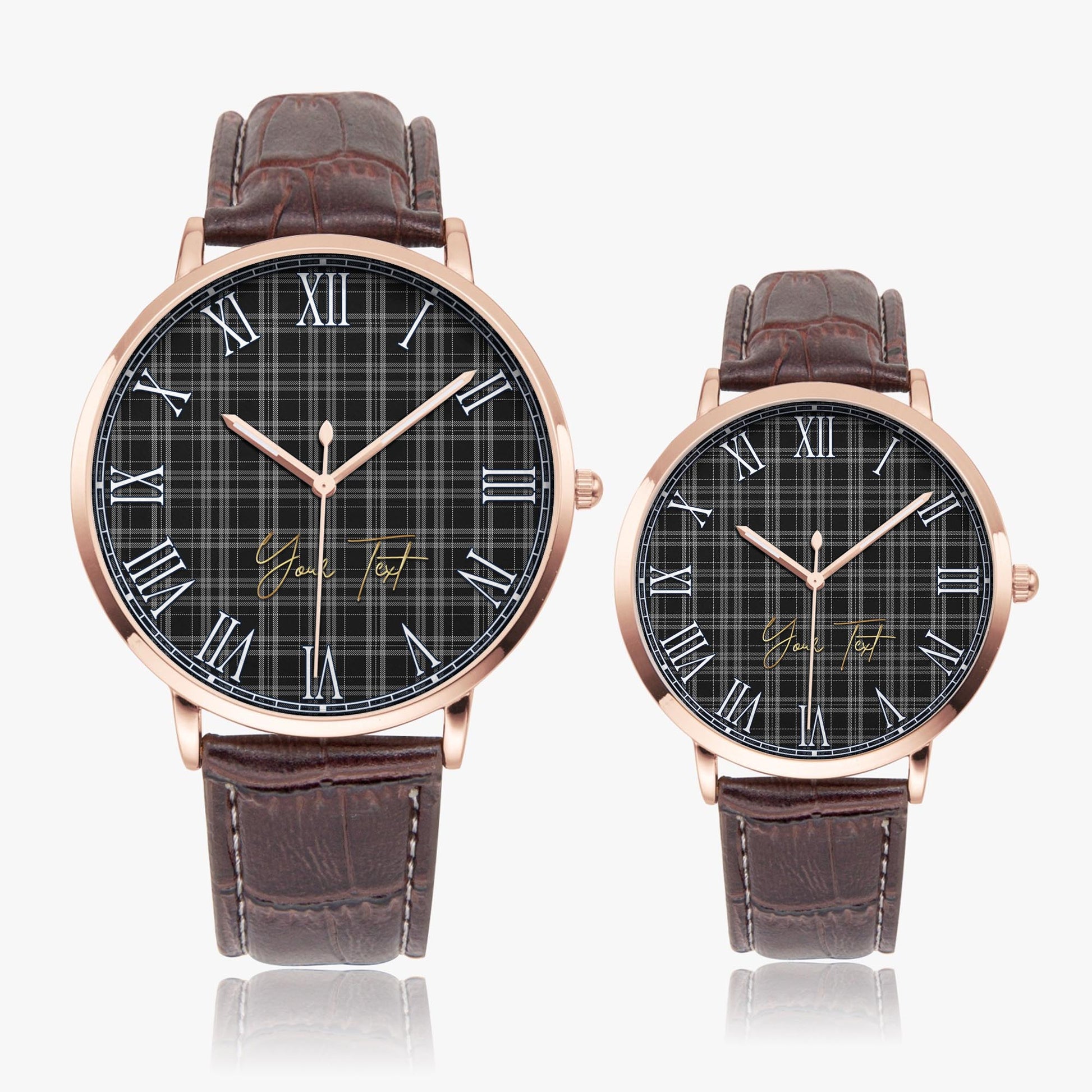 Clergy Grey Tartan Personalized Your Text Leather Trap Quartz Watch Ultra Thin Rose Gold Case With Brown Leather Strap - Tartanvibesclothing