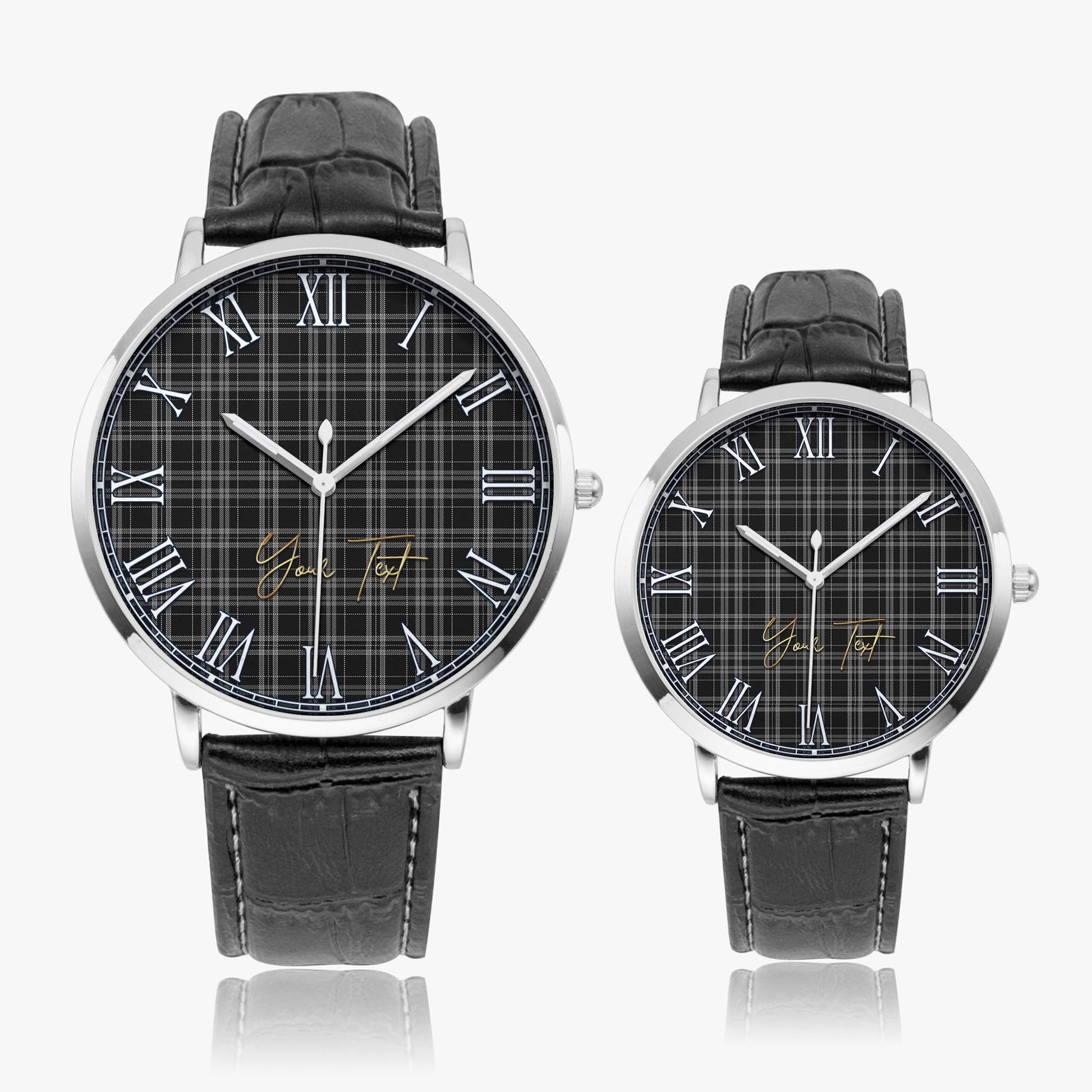 Clergy Grey Tartan Personalized Your Text Leather Trap Quartz Watch Ultra Thin Silver Case With Black Leather Strap - Tartanvibesclothing