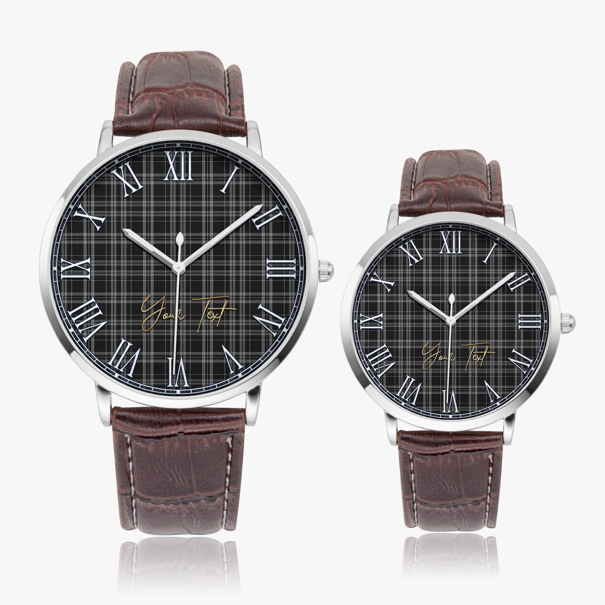 Clergy Grey Tartan Personalized Your Text Leather Trap Quartz Watch Ultra Thin Silver Case With Brown Leather Strap - Tartanvibesclothing