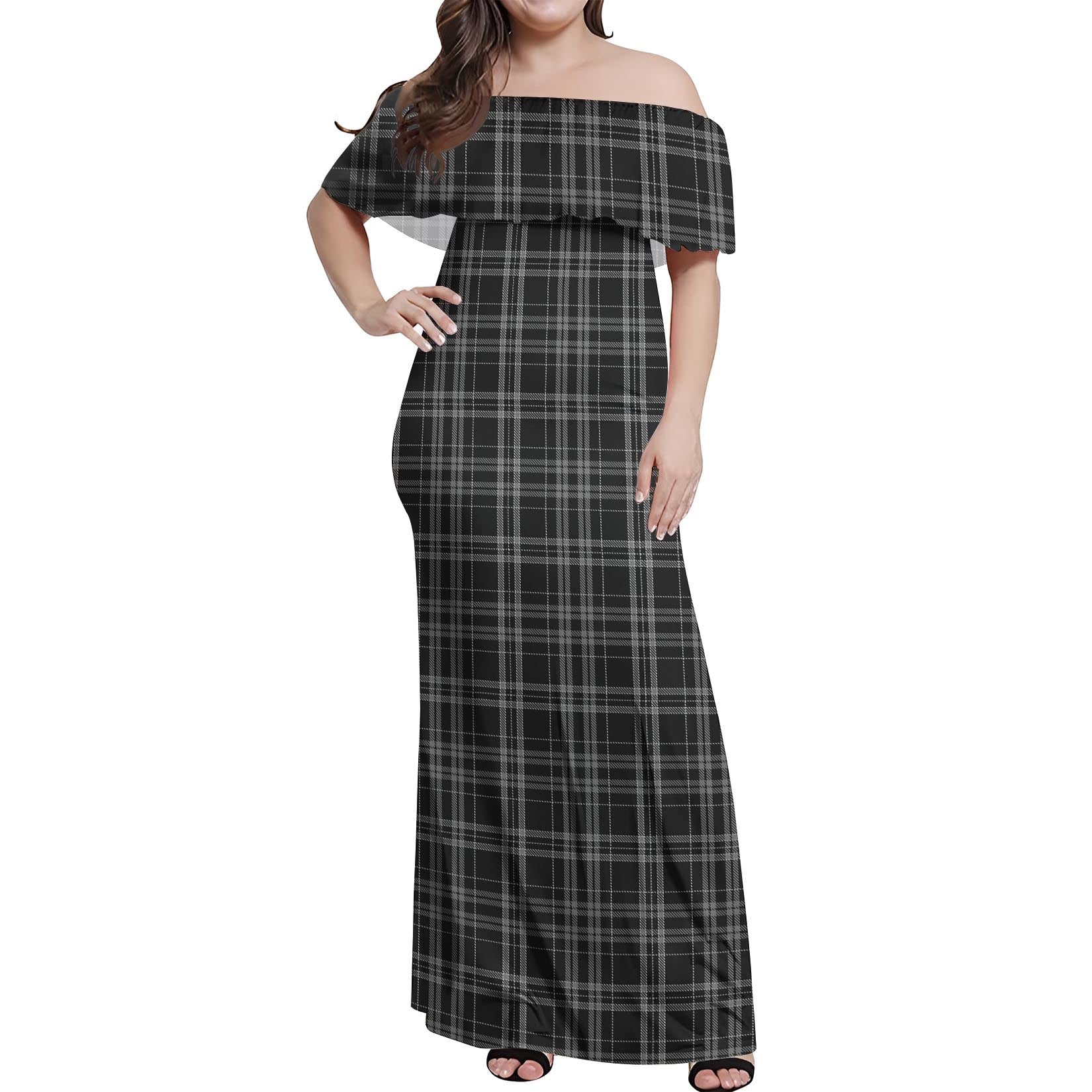 Clergy Grey Tartan Off Shoulder Long Dress Women's Dress - Tartanvibesclothing