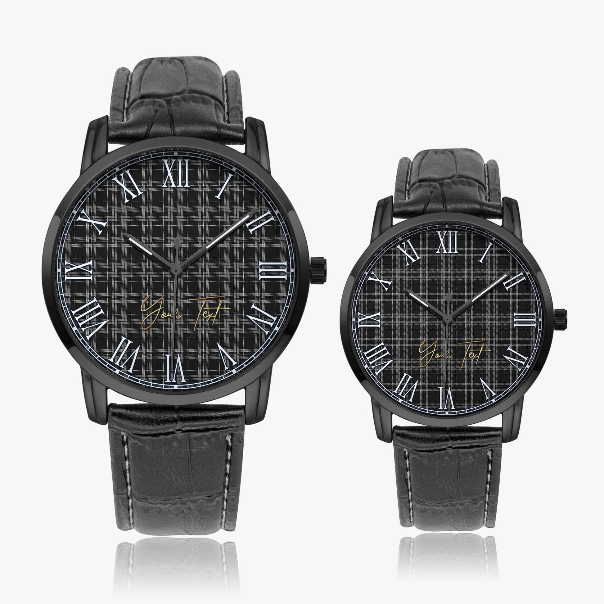 Clergy Grey Tartan Personalized Your Text Leather Trap Quartz Watch Wide Type Black Case With Black Leather Strap - Tartanvibesclothing