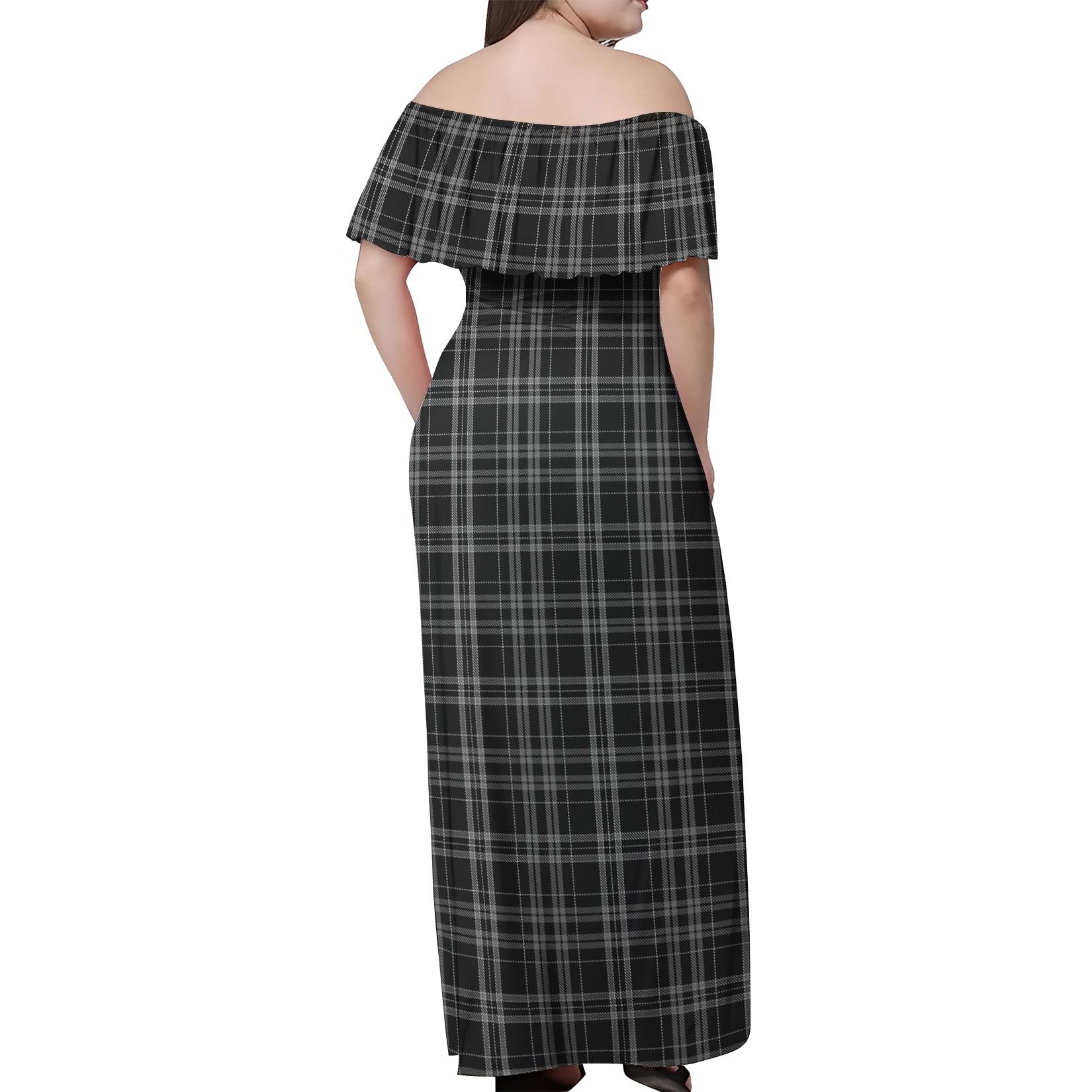 Clergy Grey Tartan Off Shoulder Long Dress - Tartanvibesclothing