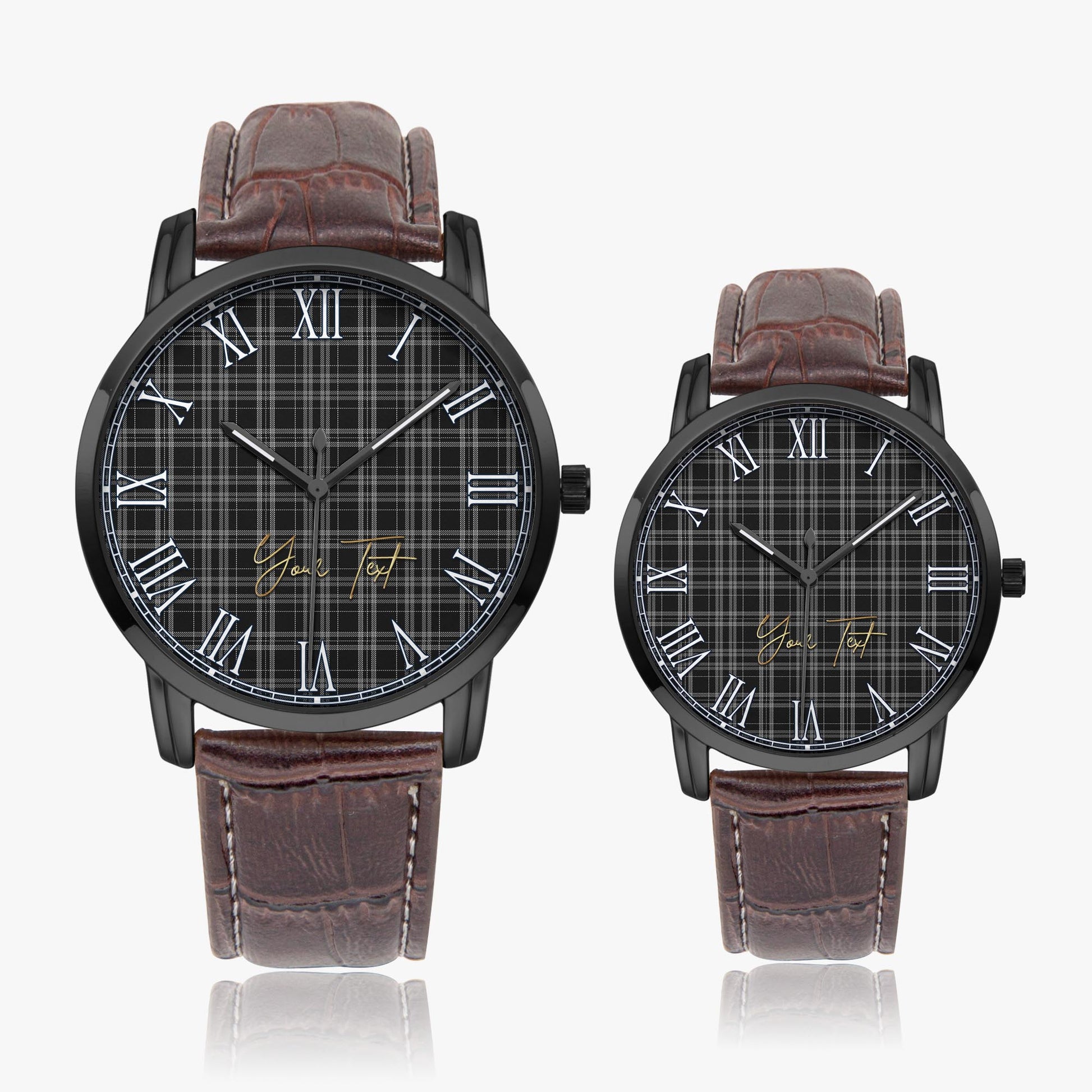 Clergy Grey Tartan Personalized Your Text Leather Trap Quartz Watch Wide Type Black Case With Brown Leather Strap - Tartanvibesclothing