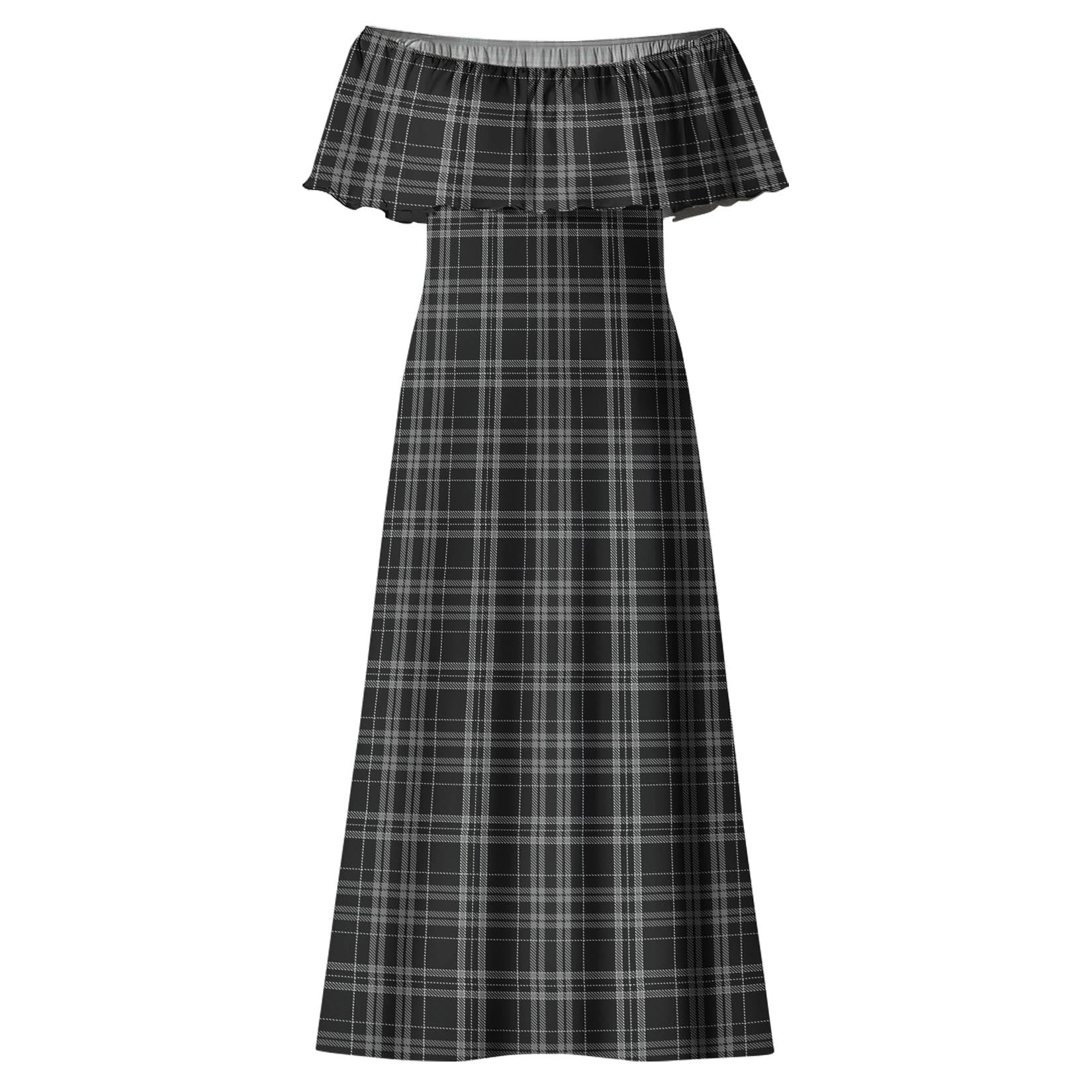 Clergy Grey Tartan Off Shoulder Long Dress - Tartanvibesclothing