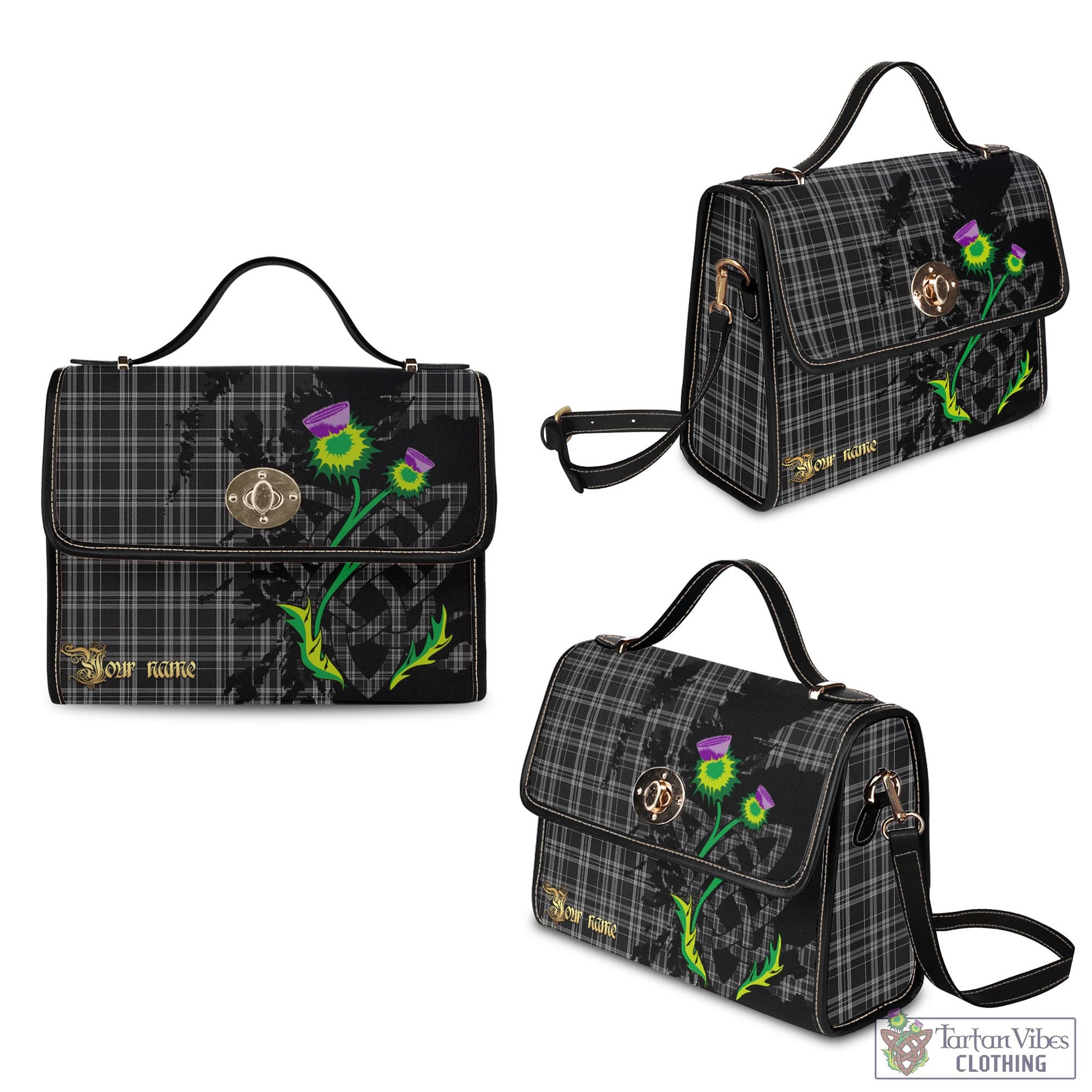 Tartan Vibes Clothing Clergy Grey Tartan Waterproof Canvas Bag with Scotland Map and Thistle Celtic Accents