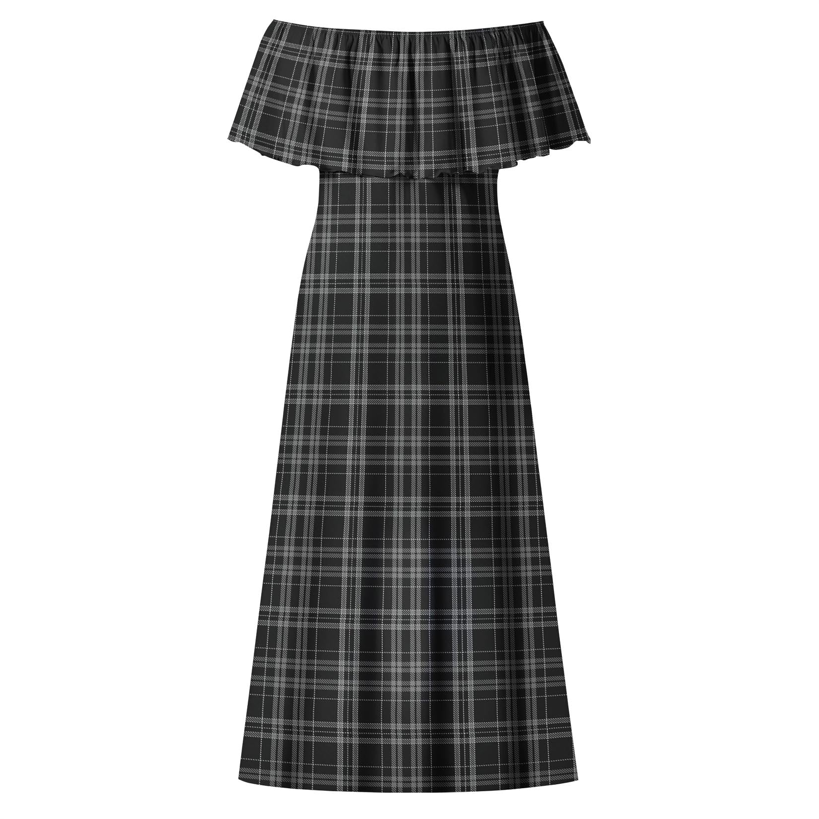 Clergy Grey Tartan Off Shoulder Long Dress - Tartanvibesclothing