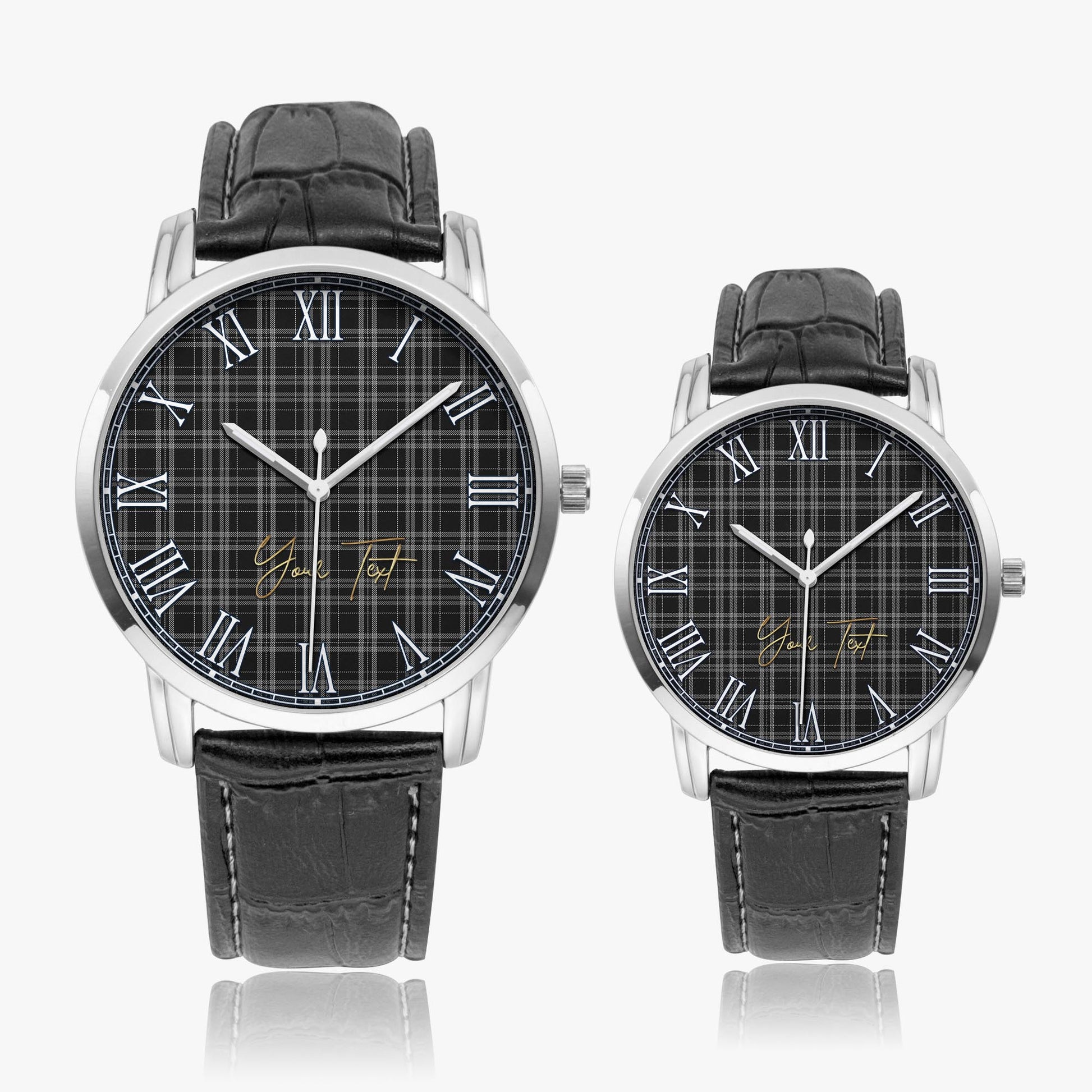 Clergy Grey Tartan Personalized Your Text Leather Trap Quartz Watch Wide Type Silver Case With Black Leather Strap - Tartanvibesclothing