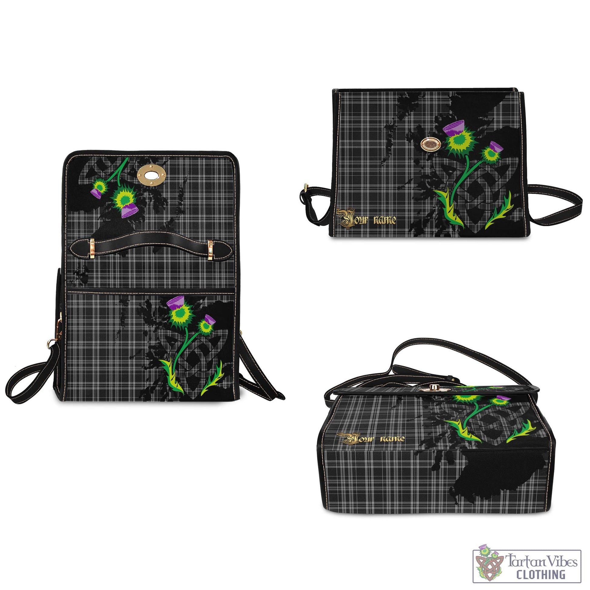 Tartan Vibes Clothing Clergy Grey Tartan Waterproof Canvas Bag with Scotland Map and Thistle Celtic Accents