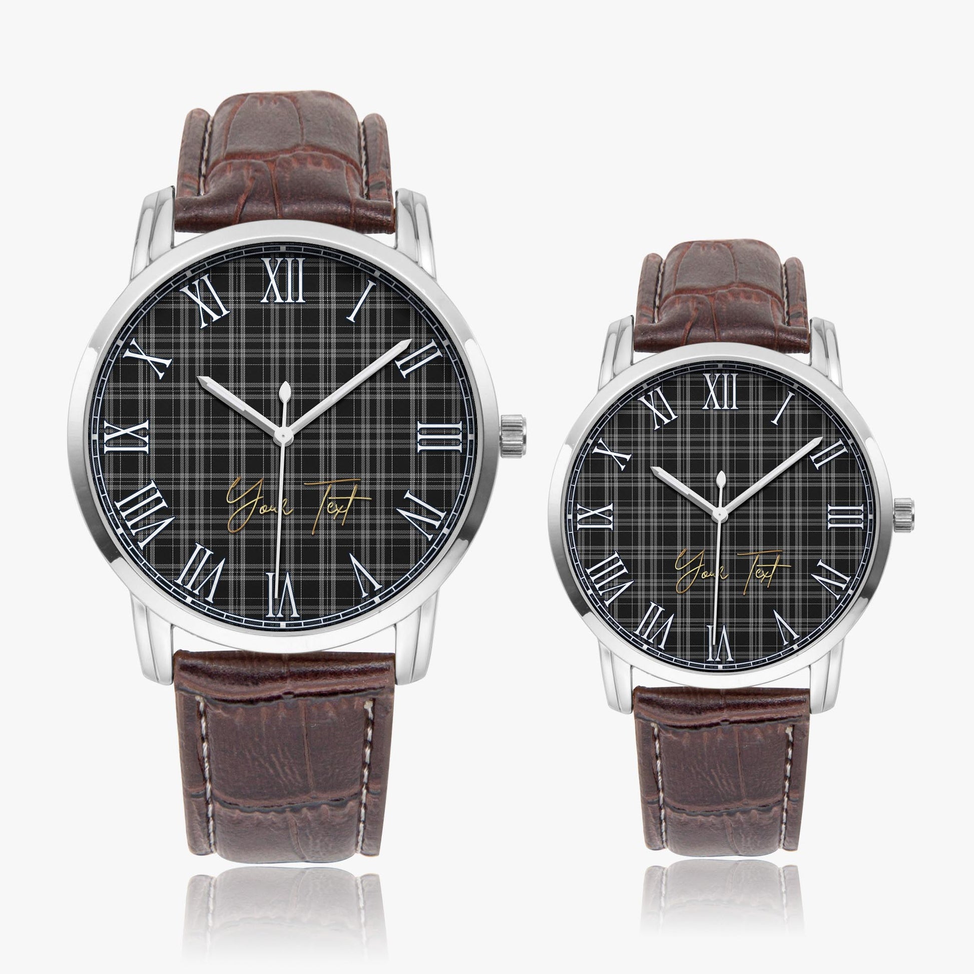 Clergy Grey Tartan Personalized Your Text Leather Trap Quartz Watch Wide Type Silver Case With Brown Leather Strap - Tartanvibesclothing