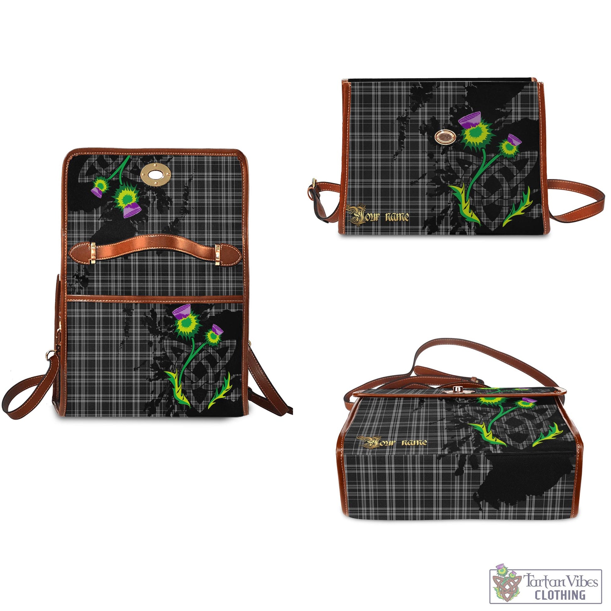 Tartan Vibes Clothing Clergy Grey Tartan Waterproof Canvas Bag with Scotland Map and Thistle Celtic Accents