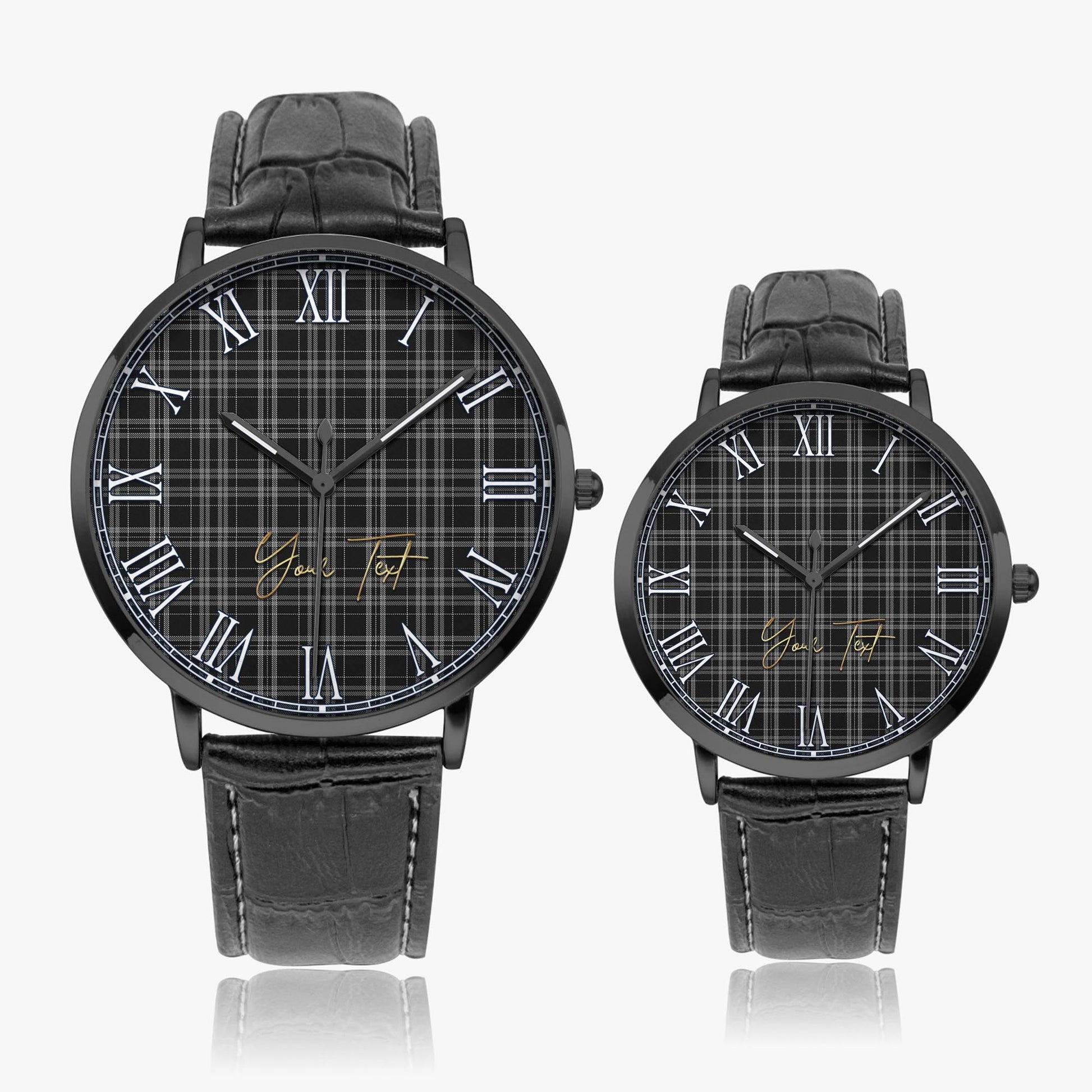 Clergy Grey Tartan Personalized Your Text Leather Trap Quartz Watch Ultra Thin Black Case With Black Leather Strap - Tartanvibesclothing