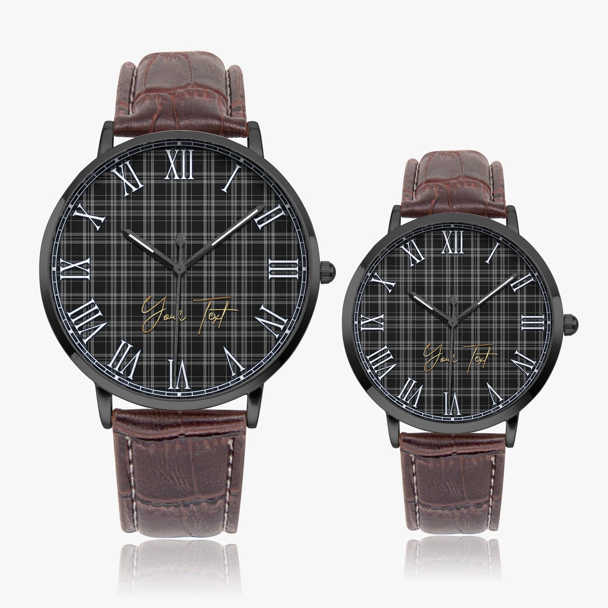 Clergy Grey Tartan Personalized Your Text Leather Trap Quartz Watch Ultra Thin Black Case With Brown Leather Strap - Tartanvibesclothing