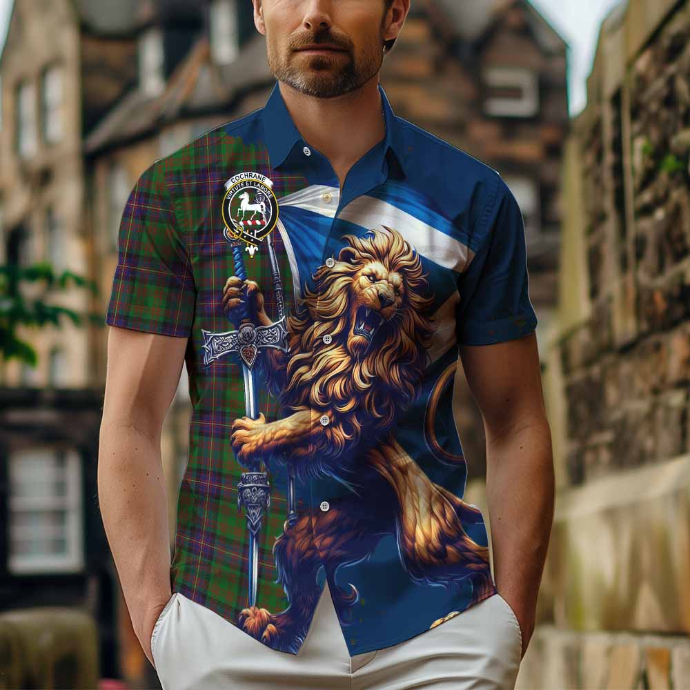 Tartan Vibes Clothing Cochrane Tartan Family Crest Short Sleeve Button Shirt with Scottish Majestic Lion