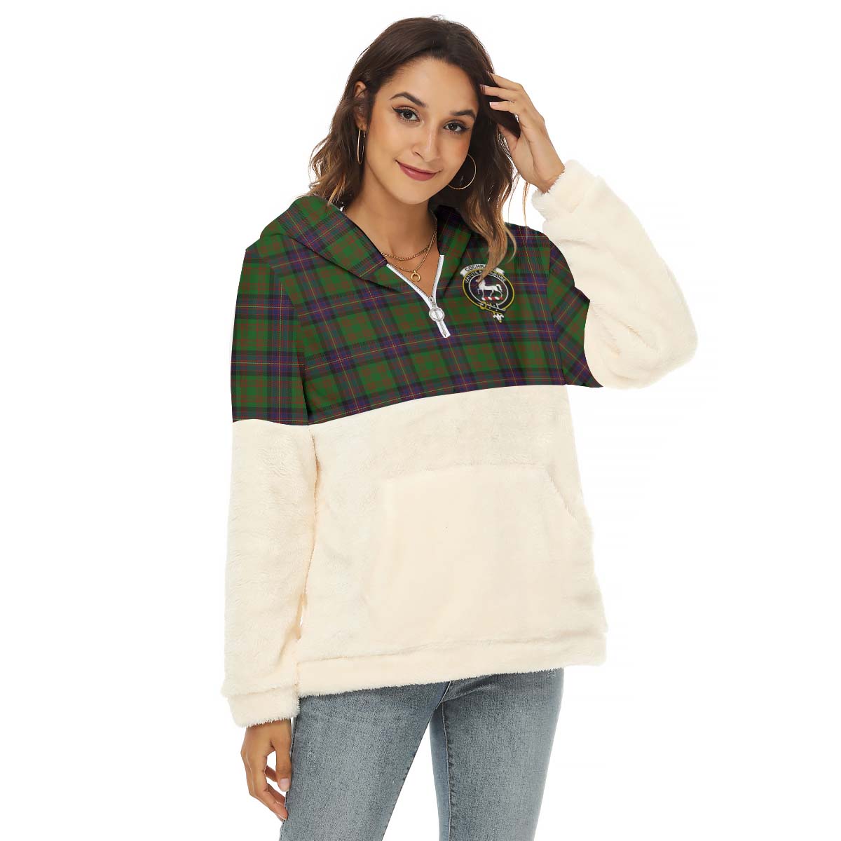 Cochrane Tartan Women's Borg Fleece Hoodie With Half Zip with Family Crest Female - Tartan Vibes Clothing