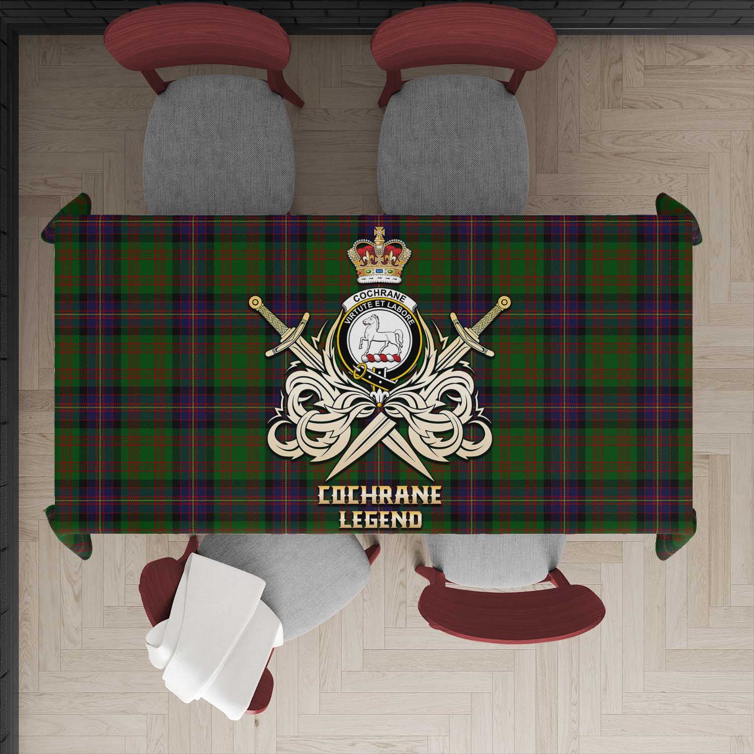 Tartan Vibes Clothing Cochrane Tartan Tablecloth with Clan Crest and the Golden Sword of Courageous Legacy