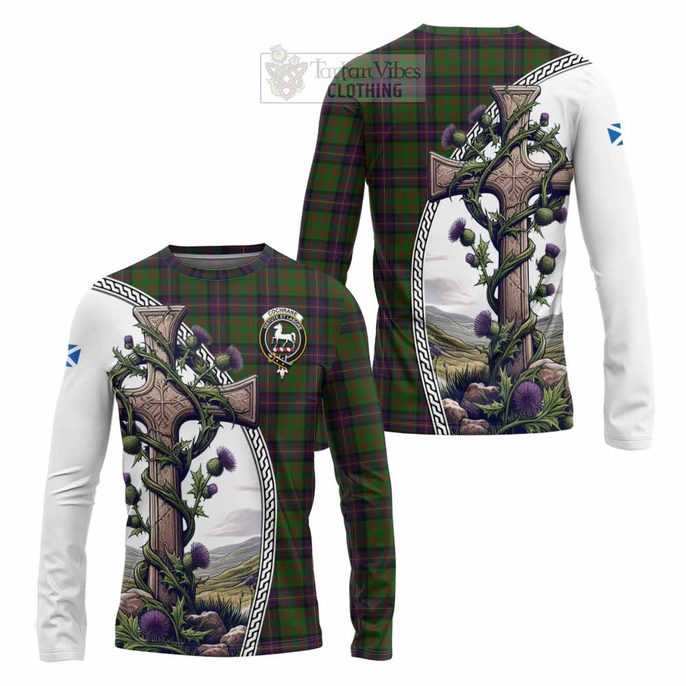 Tartan Vibes Clothing Cochrane Tartan Long Sleeve T-Shirt with Family Crest and St. Andrew's Cross Accented by Thistle Vines