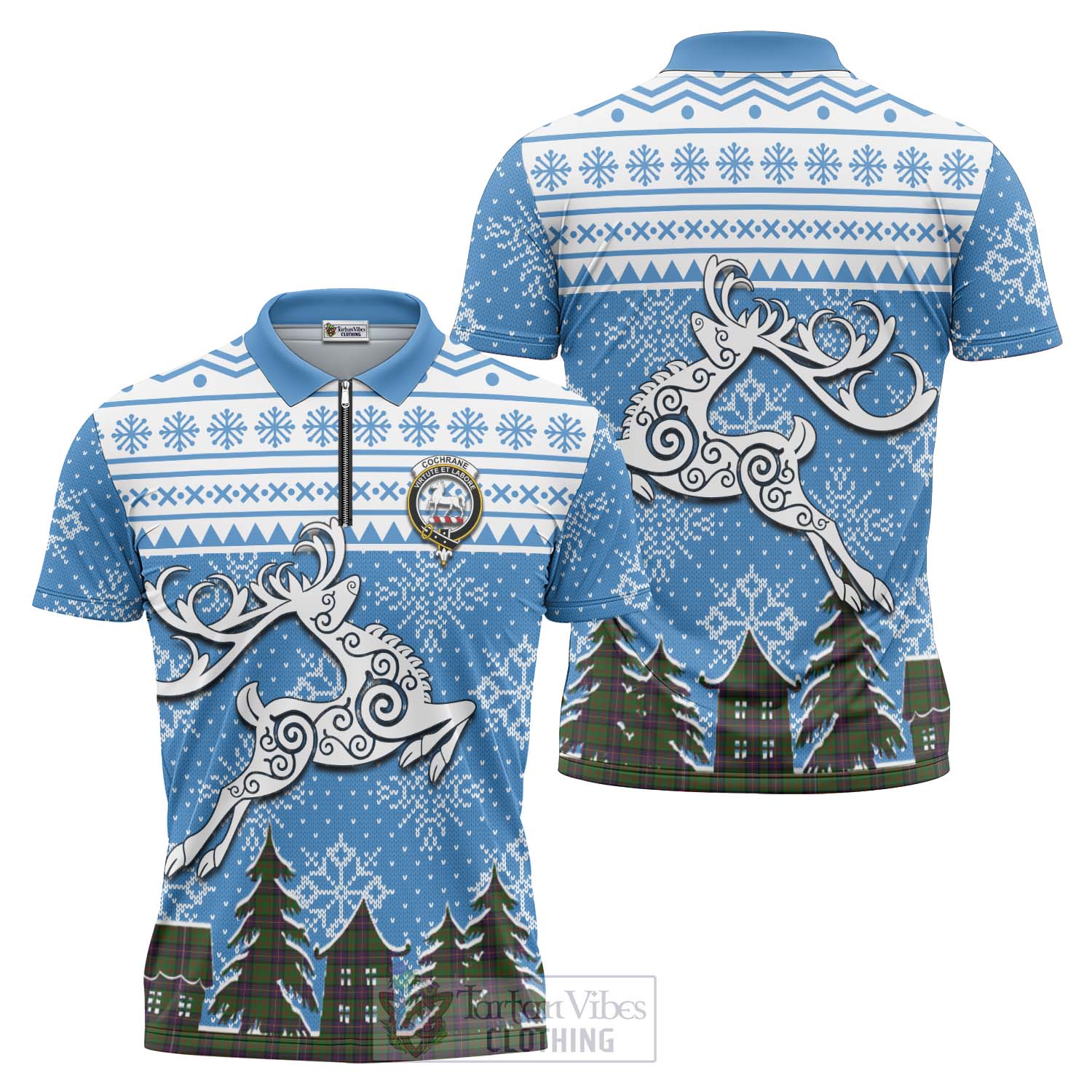 Tartan Vibes Clothing Cochrane Clan Christmas Zipper Polo Shirt Celtic Reindeer Style