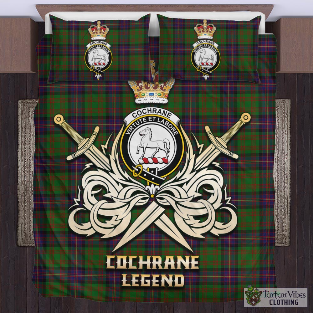 Tartan Vibes Clothing Cochrane Tartan Bedding Set with Clan Crest and the Golden Sword of Courageous Legacy