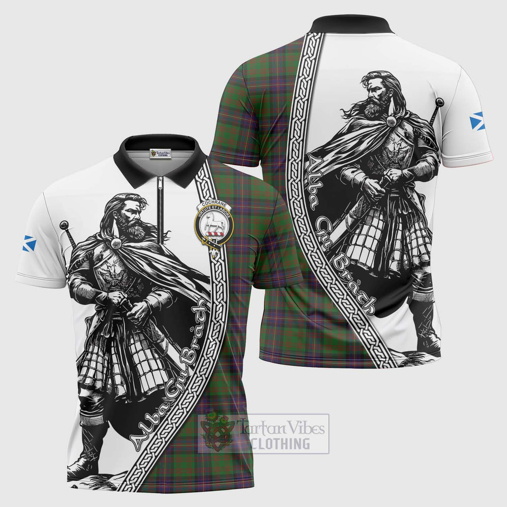 Tartan Vibes Clothing Cochrane Tartan Clan Crest Zipper Polo Shirt with Highlander Warrior Celtic Style