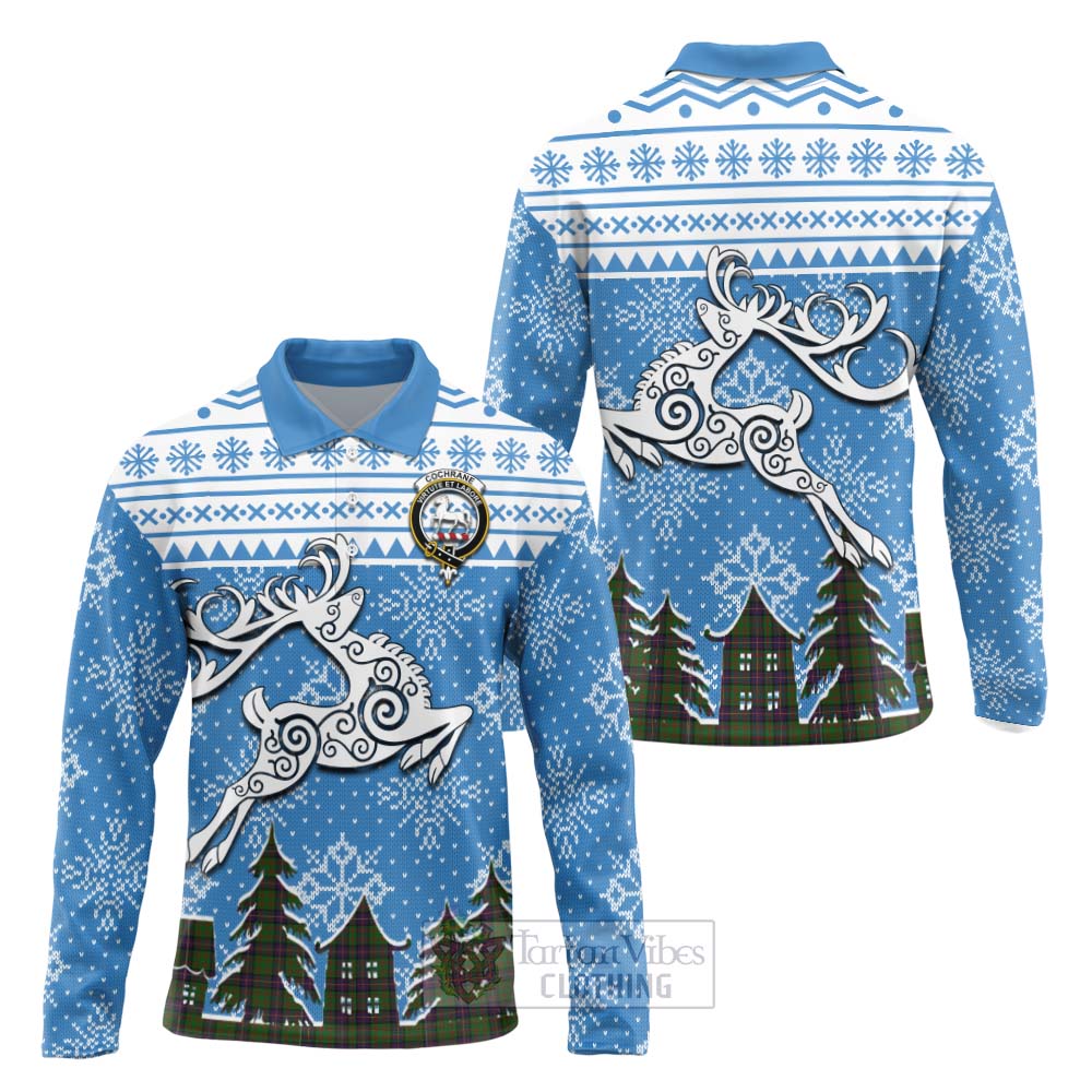 Tartan Vibes Clothing Cochrane Clan Christmas Long Sleeve Polo Shirt Celtic Reindeer Style