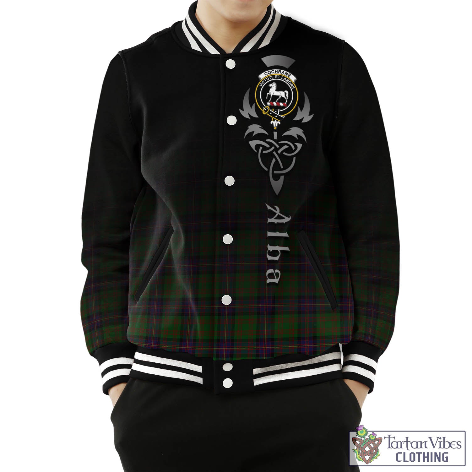 Tartan Vibes Clothing Cochrane Tartan Baseball Jacket Featuring Alba Gu Brath Family Crest Celtic Inspired