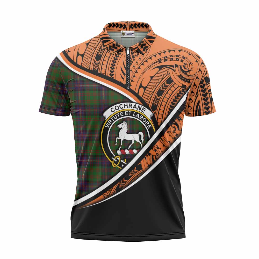 Tartan Vibes Clothing Cochrane Crest Tartan Zipper Polo Shirt with Maori Tattoo Style - Orange Version