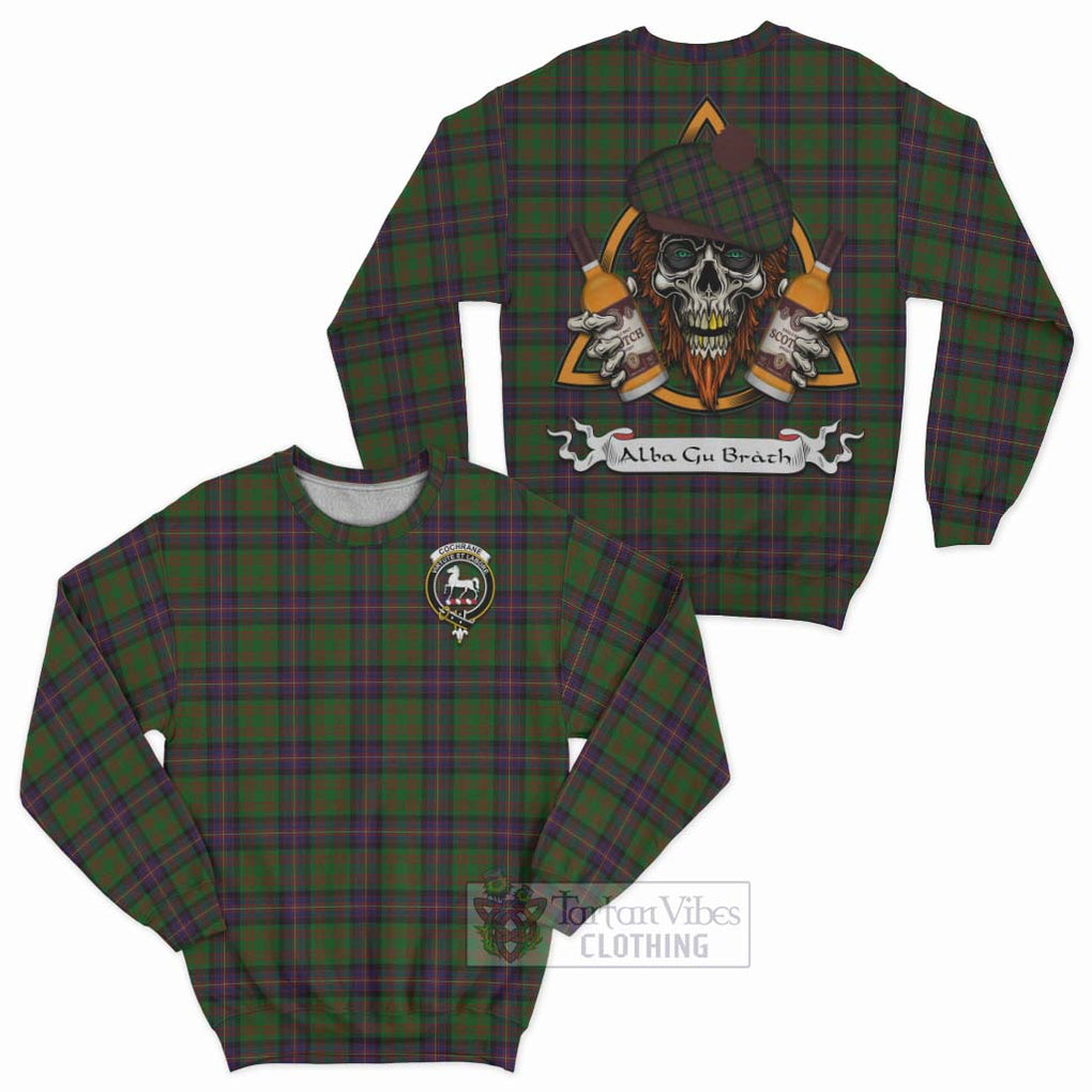 Tartan Vibes Clothing Cochrane Tartan Sweatshirt with Family Crest and Bearded Skull Holding Bottles of Whiskey