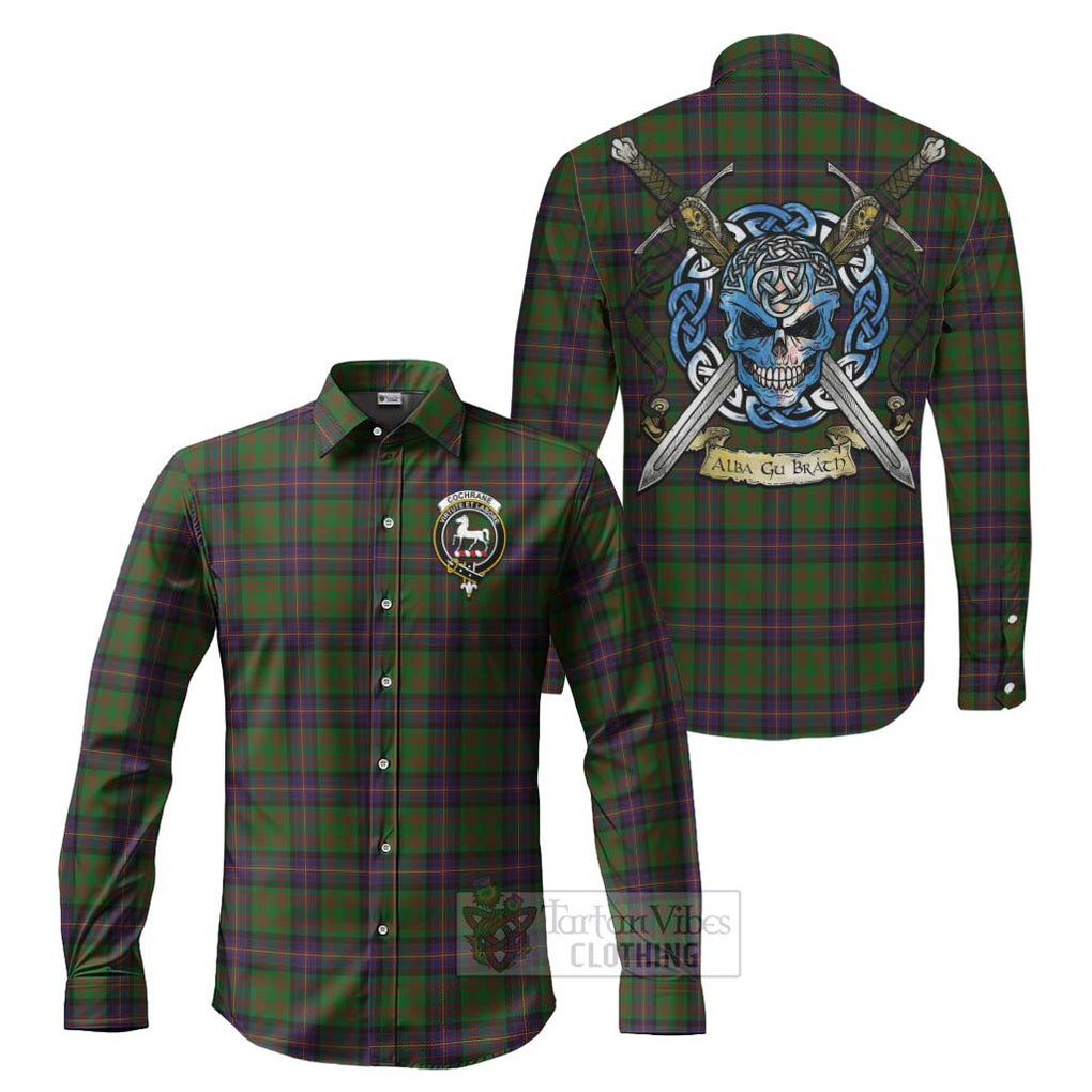 Tartan Vibes Clothing Cochrane Tartan Long Sleeve Button Shirt with Family Crest Celtic Skull Style