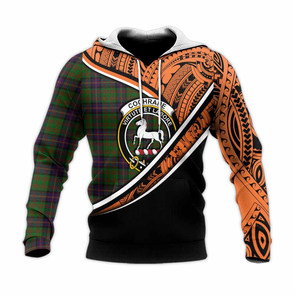 Tartan Vibes Clothing Cochrane Crest Tartan Knitted Hoodie with Maori Tattoo Style - Orange Version