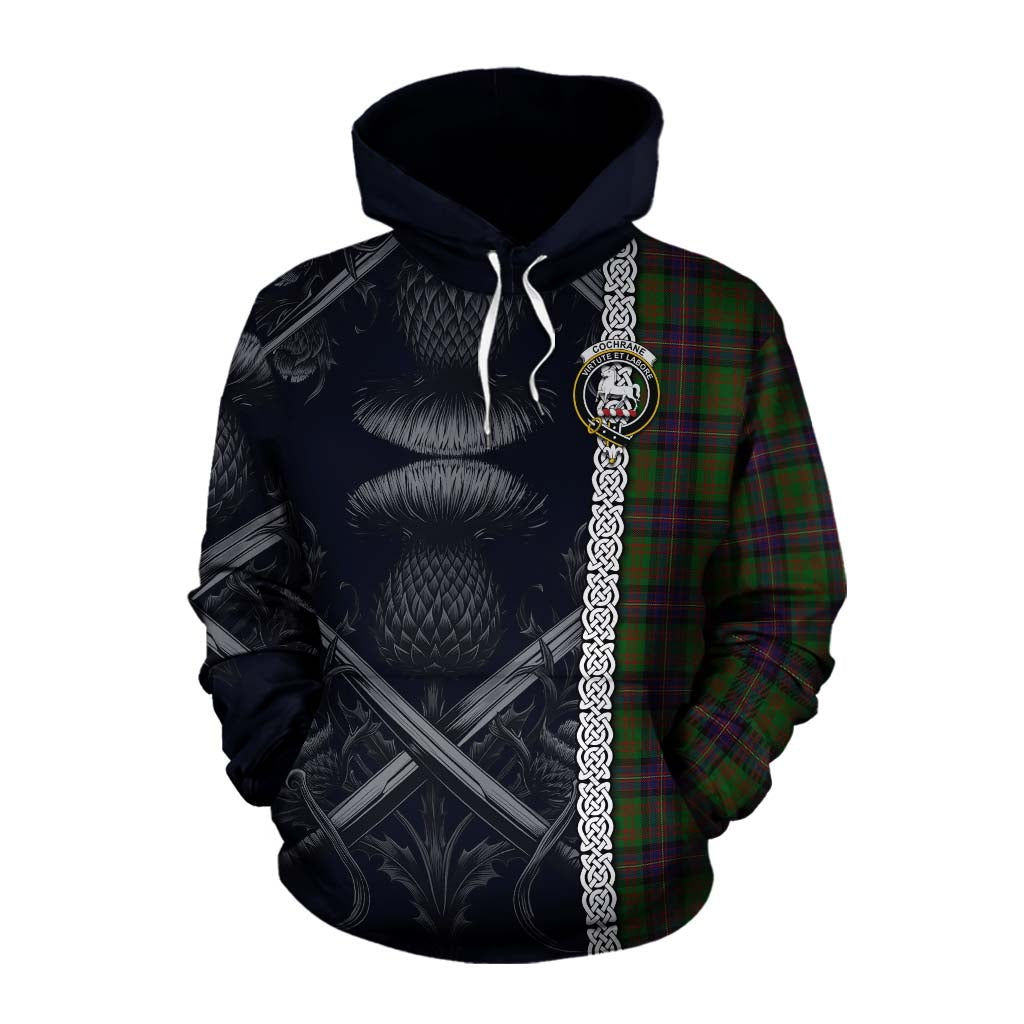 Tartan Vibes Clothing Cochrane Tartan Cotton Hoodie with Family Crest Cross Sword Thistle Celtic Vibes